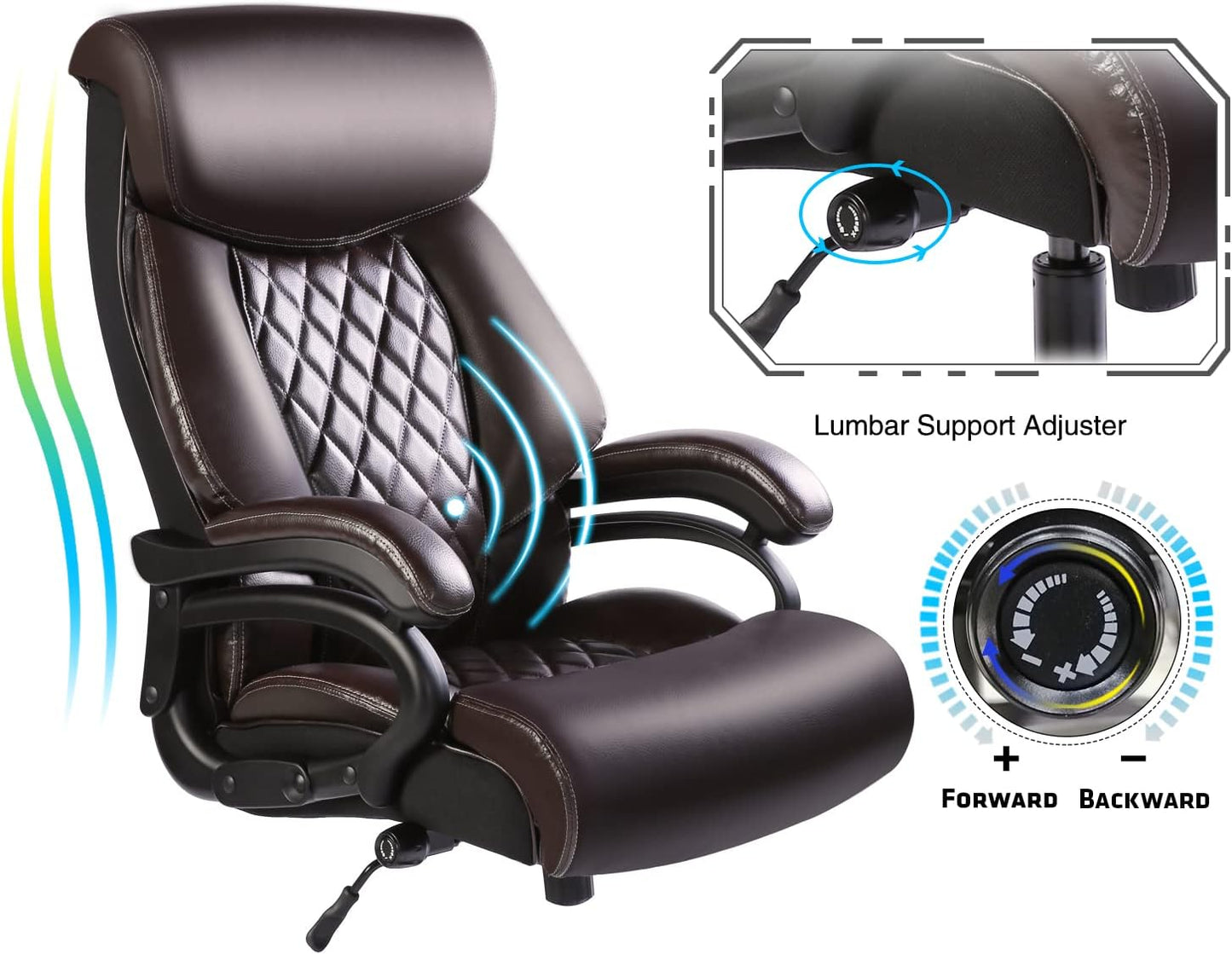 Big and Tall Office Chair 400 Lbs - Executive Leather Swivel Chair with Arms, High Back Desk Chair with Adjustable Lumbar Support Heavy Duty Metal Base, Office Chairs for Heavy People (Brown)