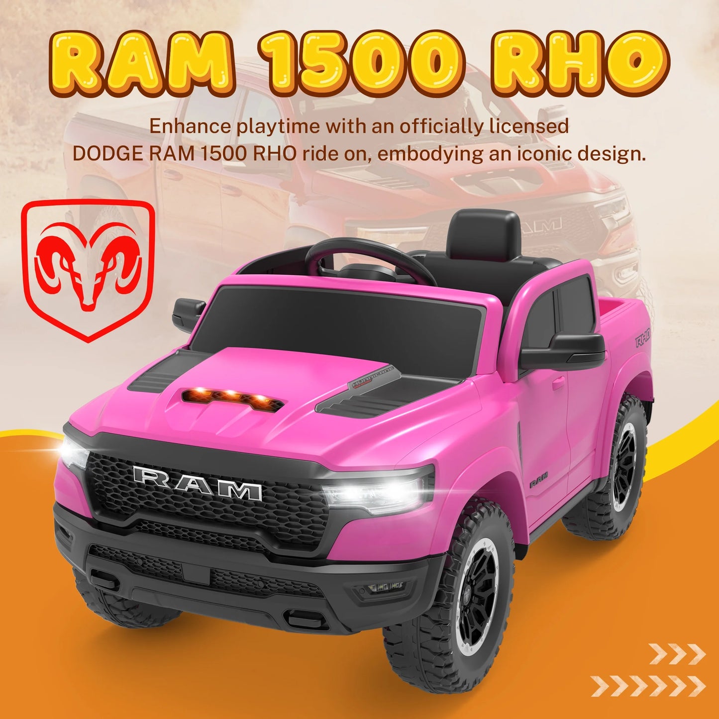 RAM Ride on Car, 12V Powered Ride on Toy with Remote Control, 4 Wheel Suspension, 5 Point Safety Belt, MP3 Player, Bluetooth, LED Lights, Electric Cars for 3-8 Years Boys Girls