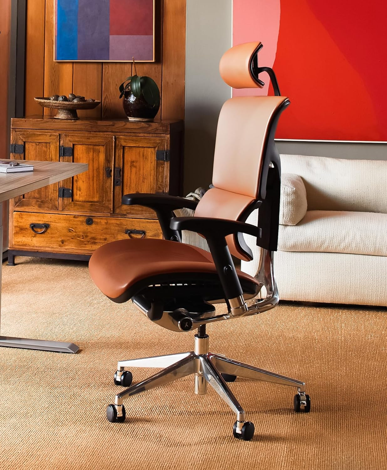 X4 High End Executive Chair, Cognac Leather with Headrest - Ergonomic Office Seat/Dynamic Variable Lumbar Support/Floating Recline/Stunning Aesthetic/Adjustable/Perfect for Office or Boardroom