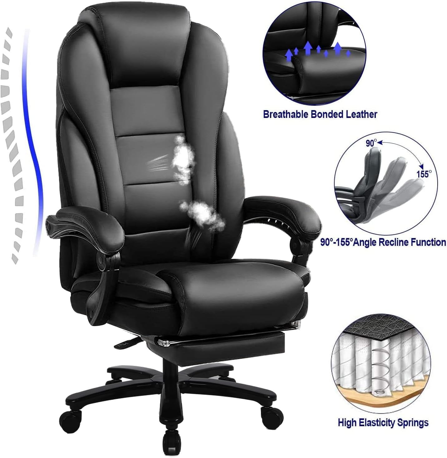 Big and Tall High Back 400LBS Reclining Office Chair with Footrest - Executive Computer Chair Home Office Desk Chair Heavy Duty Metal Base, Ergonomic Support Function Black