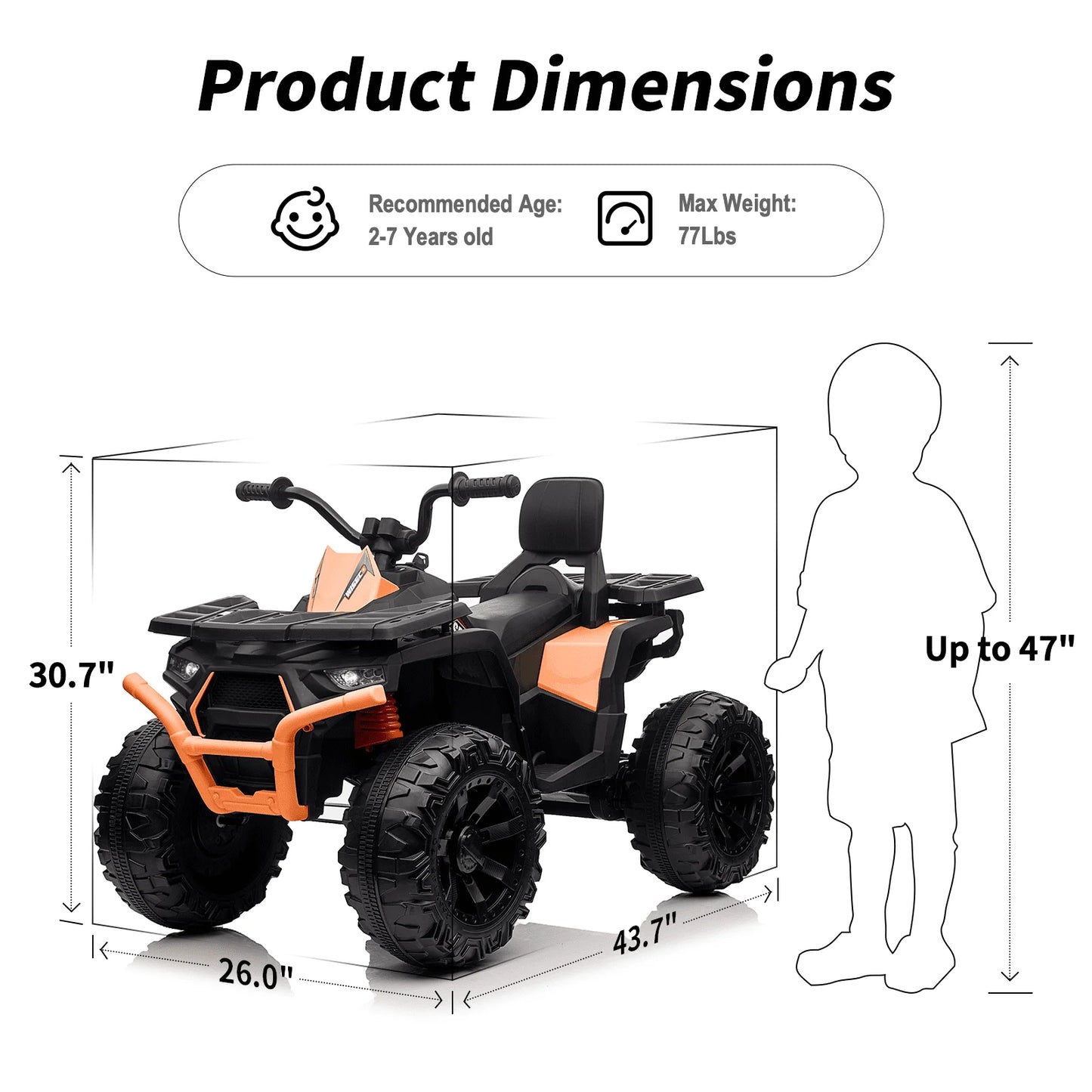24V Ride on Toys, Kids ATV 4-Wheeler for Big Kids with 2 Seater, 400W Motor, Bluetooth - Orange