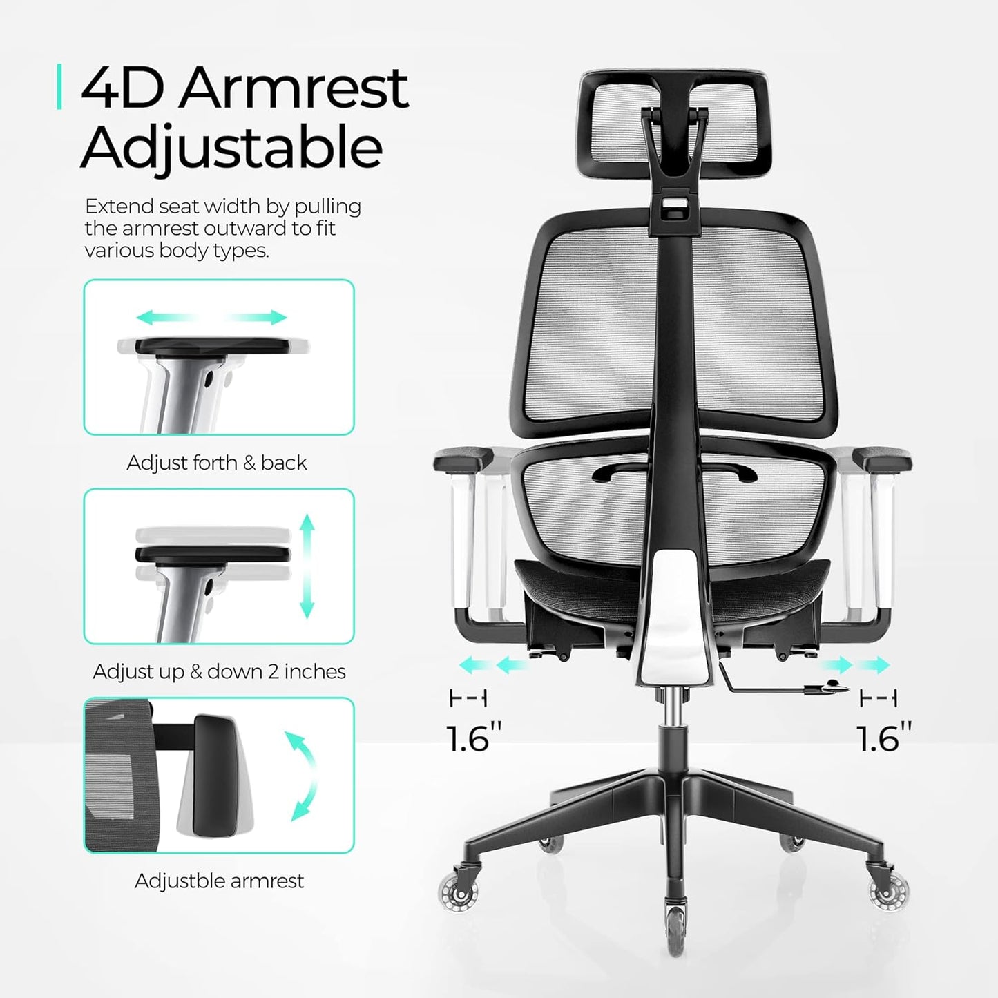 High-Back Office Chair, Swivel Ergonomic Task Chair with Adjustable Headrest and Arms, Lumbar Support and PU Wheels, Computer Mesh Chair for Home Office, Grey