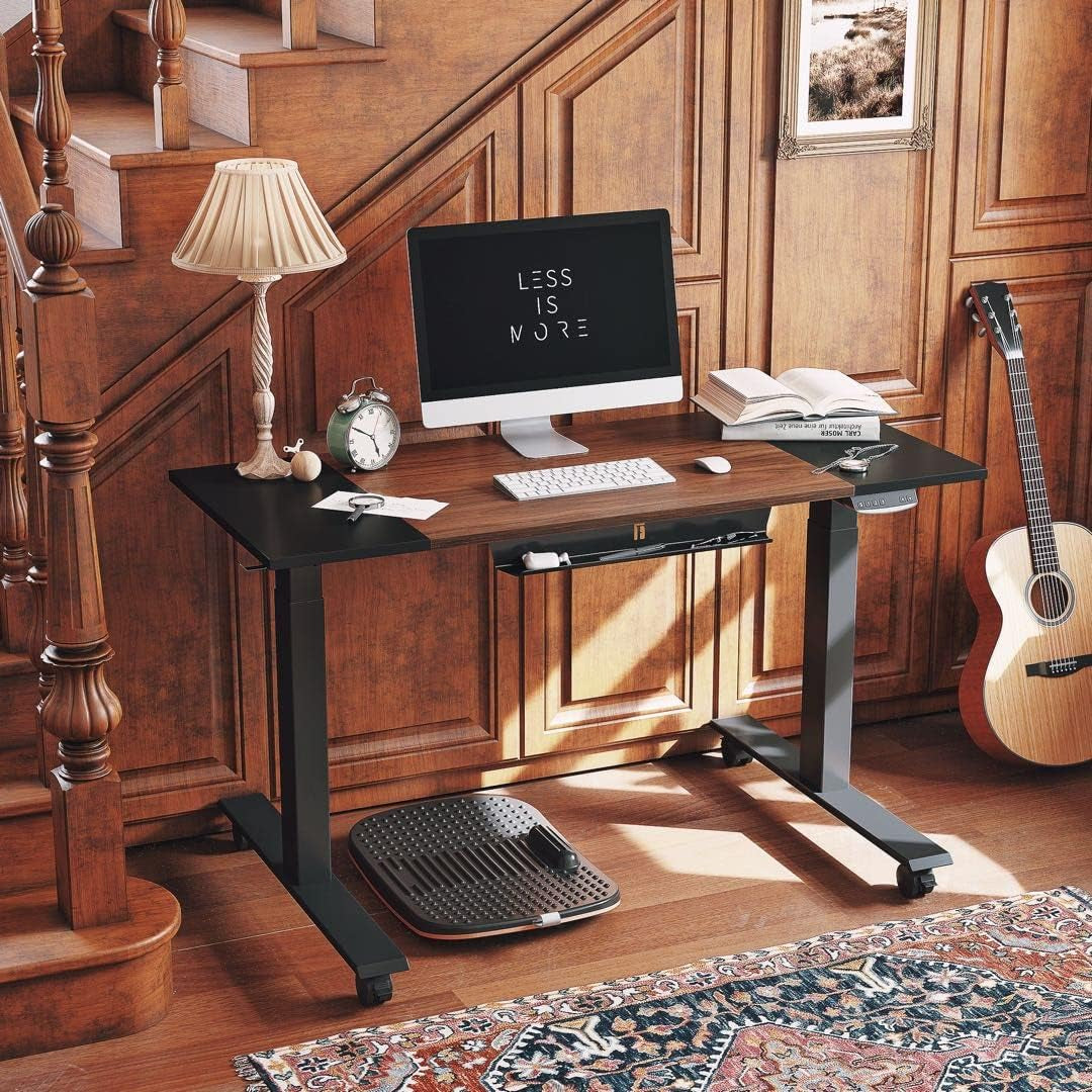 Height Adjustable Electric Standing Desk with Pencil Holder, 55 X 24 Inches Stand up Desk, Sit Stand Desk with Black and Espresso Top and Black Frame