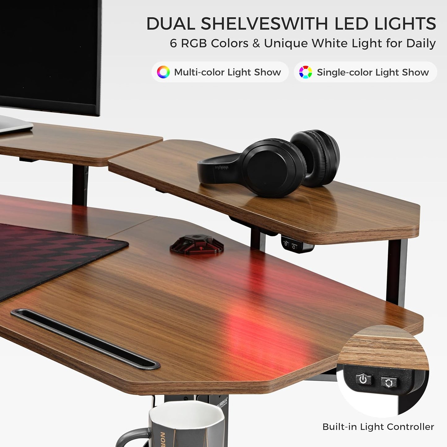 Standing Desk Electric Adjustable Height Desk, Computer Desk W Keyboard Tray 72" Gaming Desk Music Studio Desk Sit Stand up Desk LED Monitor Stand,Dual Motor,Slot Design,Walnut