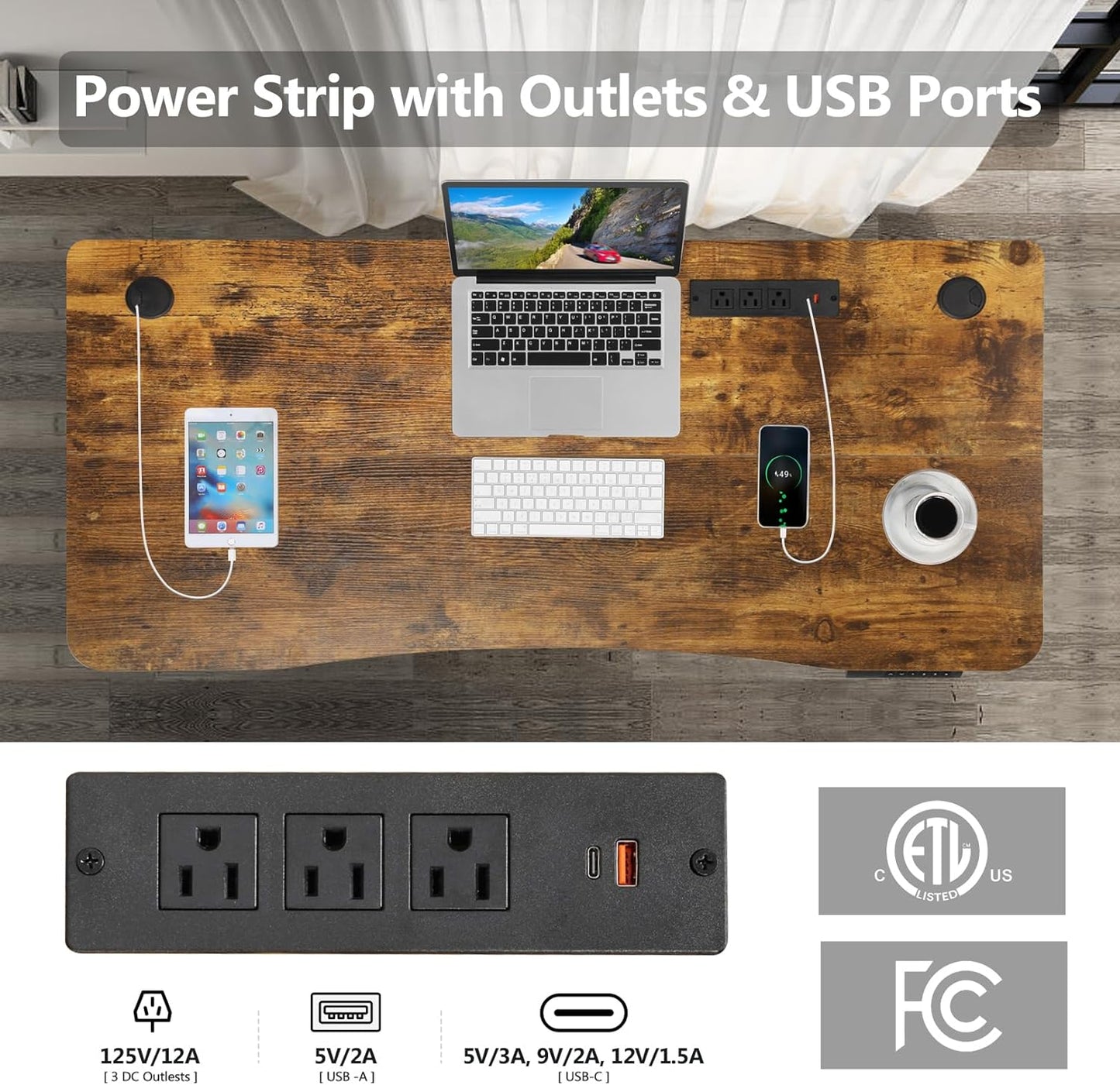 55 X 24 Inch Standing Desk Electric Adjustable Height with Charging Station, Stand up Desk with Oversized Mouse Pad, Ergonomic Curved Workstation, 4 Caster, 4 Preset Heights Easy to Set(Brown