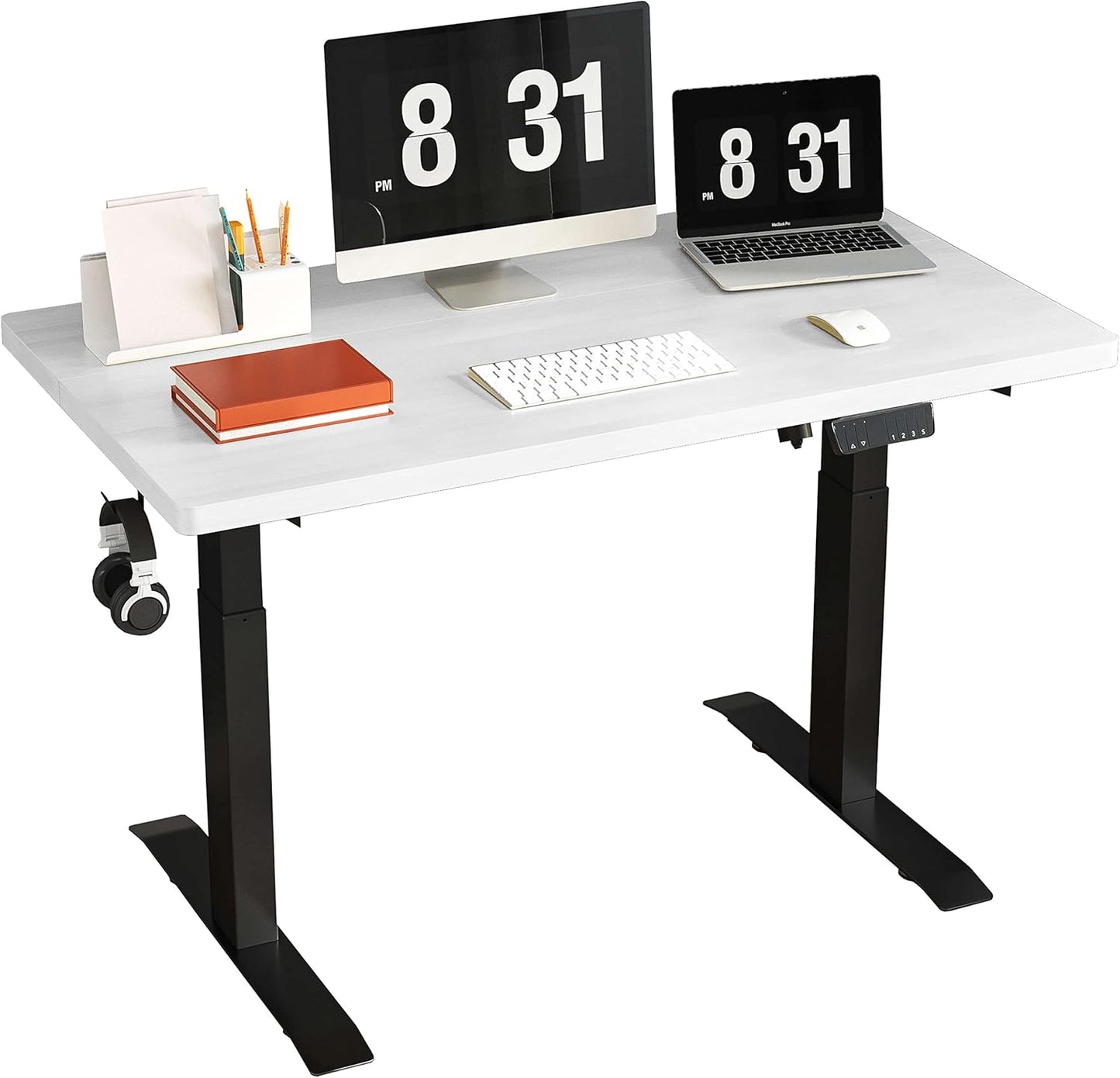 Electric Standing Desk Adjustable Height Desk, 40 X 24 Inches Stand up Desk, Ergonomic Design Home Office Desk, Sit Stand Desk with Splice Board/Black Frame/White Top