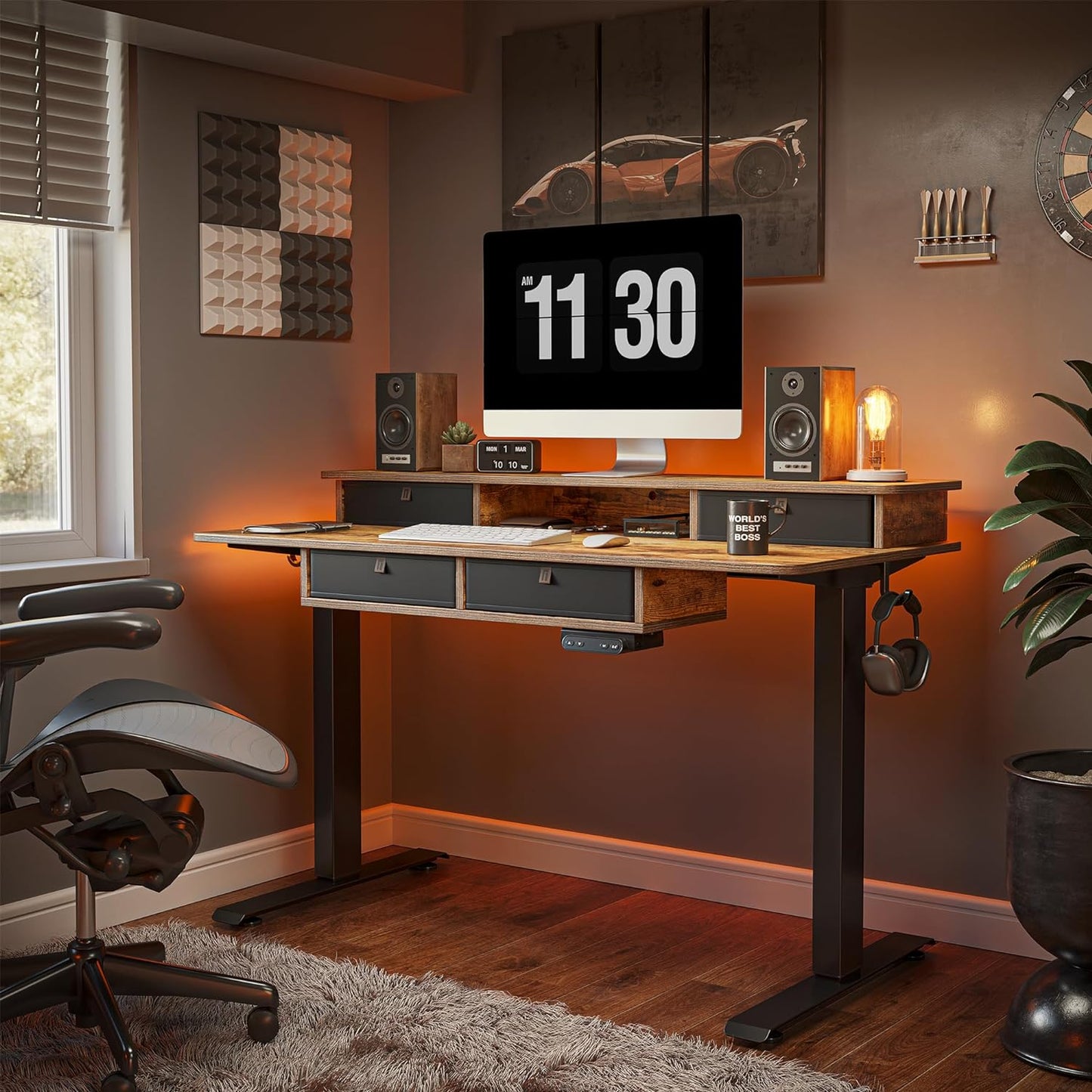 55 X 24 Electric Standing Desk Adjustable Height with 4 Drawers, Sit Stand Desk with Storage Shelf, Rising Desk with Splice Board, Black Frame/Rustic Brown Top, 55 Inch