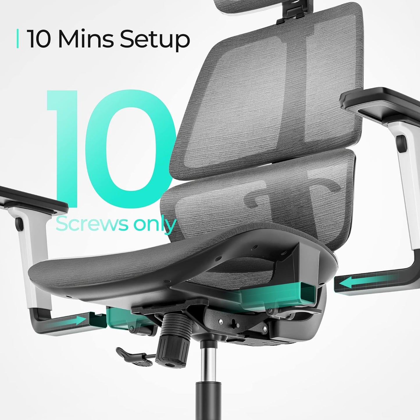 High-Back Office Chair, Swivel Ergonomic Task Chair with Adjustable Headrest and Arms, Lumbar Support and PU Wheels, Computer Mesh Chair for Home Office, Grey