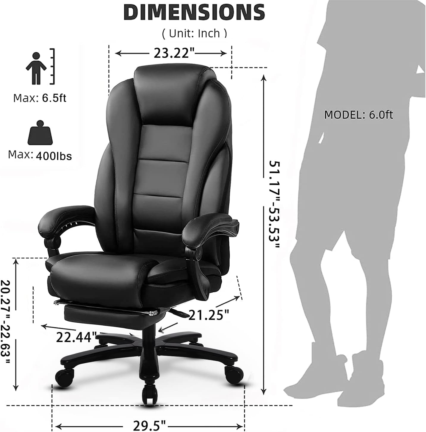 Big and Tall High Back 400LBS Reclining Office Chair with Footrest - Executive Computer Chair Home Office Desk Chair Heavy Duty Metal Base, Ergonomic Support Function Black