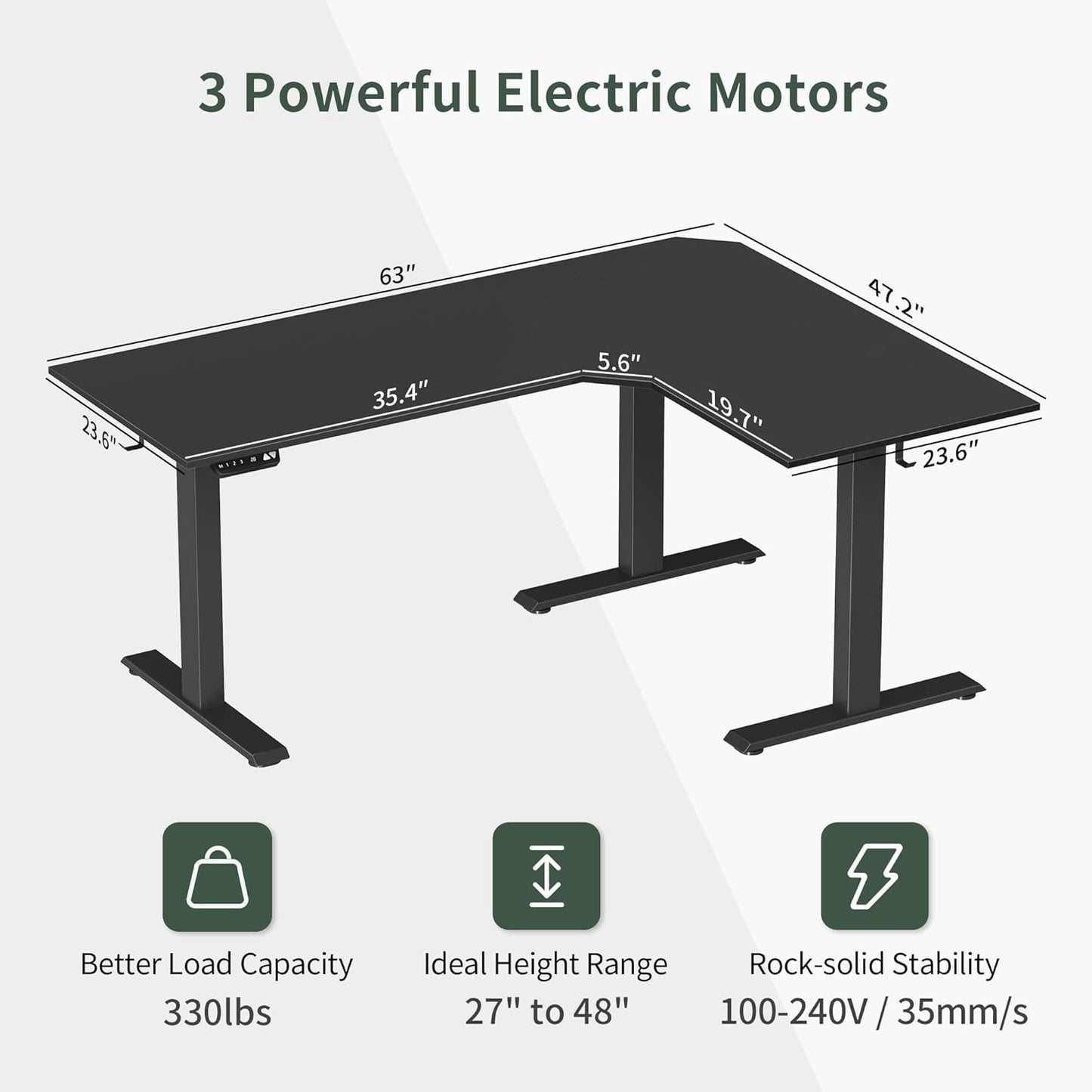 Triple Motor L-Shaped Electric Standing Desk, 63 Inches Height Adjustable Stand up Corner Desk, Sit Stand Workstation with Splice Board, Black Top/Black Frame