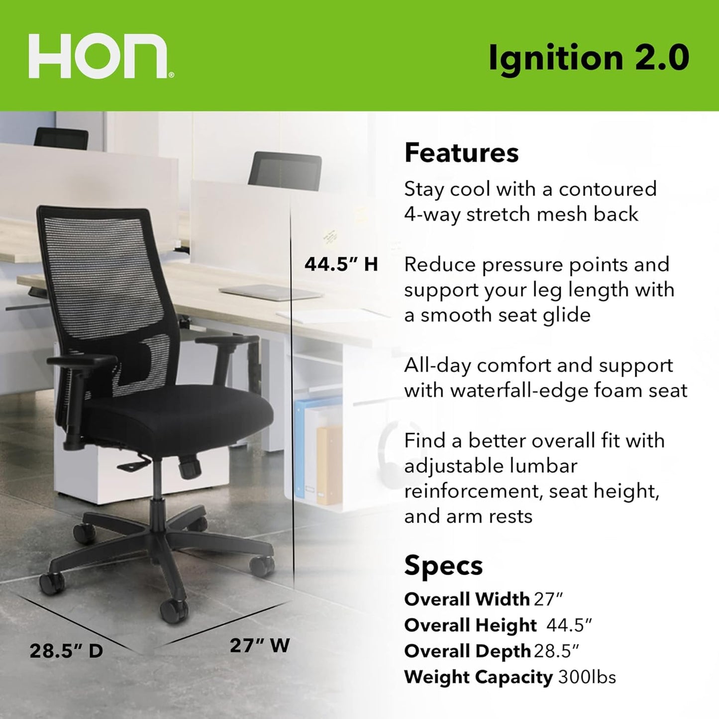 Office Chair Ignition 2.0 - Ergonomic Computer Desk Chair with Mesh Back, Seat-Slide, Syncro Tilt Recline, Adjustable Lumbar Support & Armrests, Comfortable Cushion, Swivel Rolling Wheels - Fog
