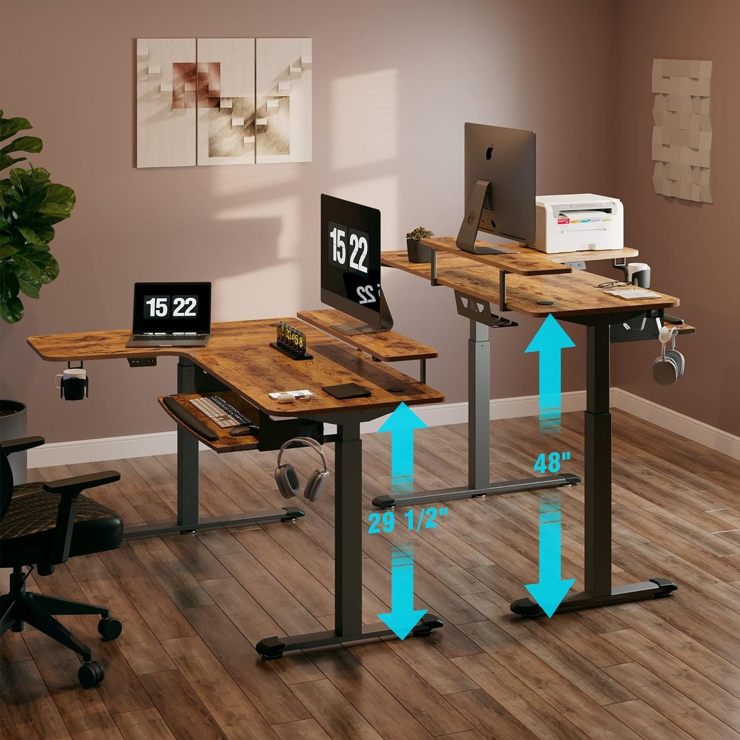 Standing Desk with Keyboard Tray, Computer Desk, 61" L Shaped Electric Adjustable Height Desk W Monitor Stand LED, Corner Sit Stand Desk Gaming Desk, Dual Motor,Left/Rustic Brown