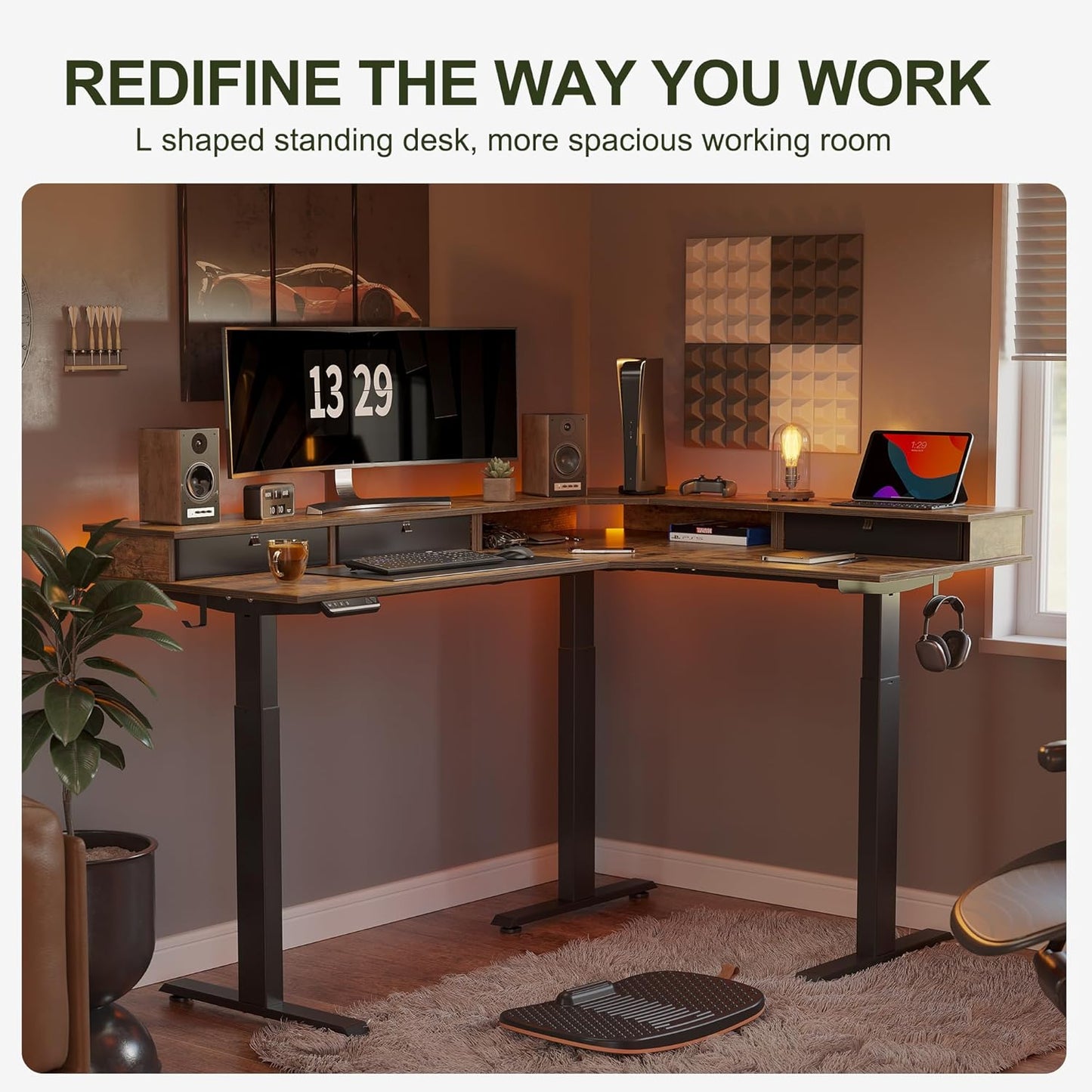Triple Motor 63" L-Shape Standing Desk with 3 Drawers, Height Adjustable Electric Standing Game Table, Corner Standing Table, Home Office Standing Table, Rustic Brown Top