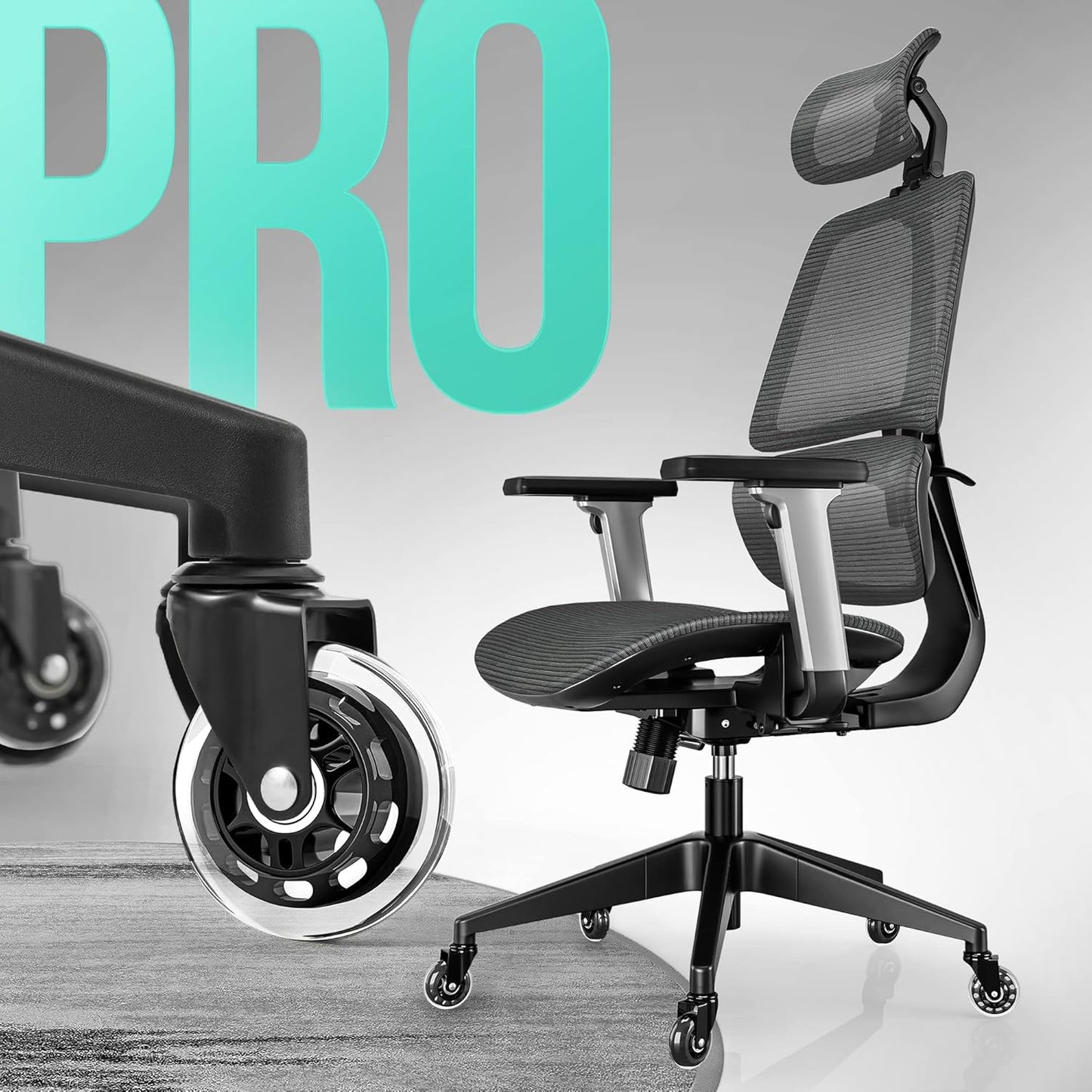 High-Back Office Chair, Swivel Ergonomic Task Chair with Adjustable Headrest and Arms, Lumbar Support and PU Wheels, Computer Mesh Chair for Home Office, Grey