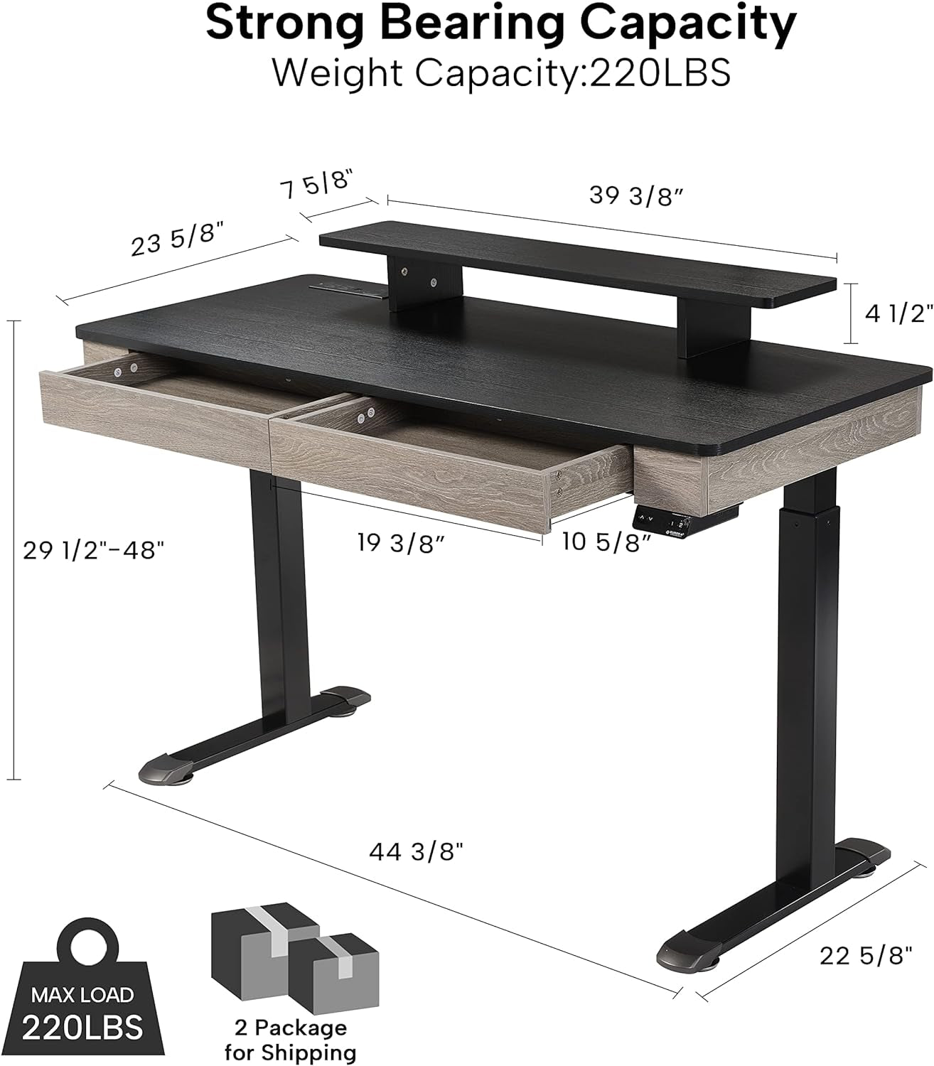 Electric Standing Desk with Drawers, 55 Inch Dual Motor Height Adjustable Stand up Desk for Home Office with Built-In Outlet, Wireless Charger, USB Port, Oak Grey