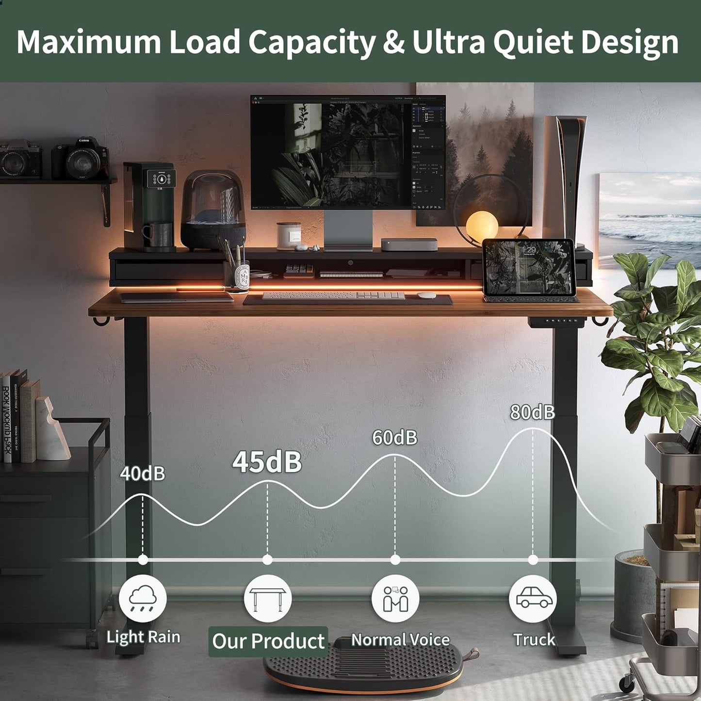 48 X 24 Inch Height Adjustable Electric Standing Desk with Double Drawers, Stand up Desk with LED Strips, Sit Stand Desk with Monitor Stand, Black Walnut