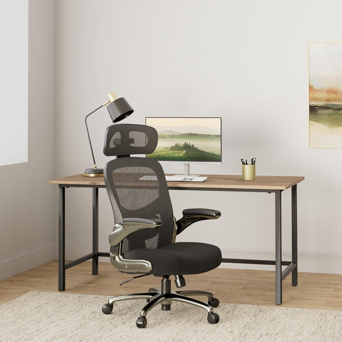 500 Lbs Rated Ergonomic Big and Tall, Flip-Up Arms, Mesh Swivel Office Chair with anti Scratch Wheels, Mesh Executive Chair (Black with Headrest)