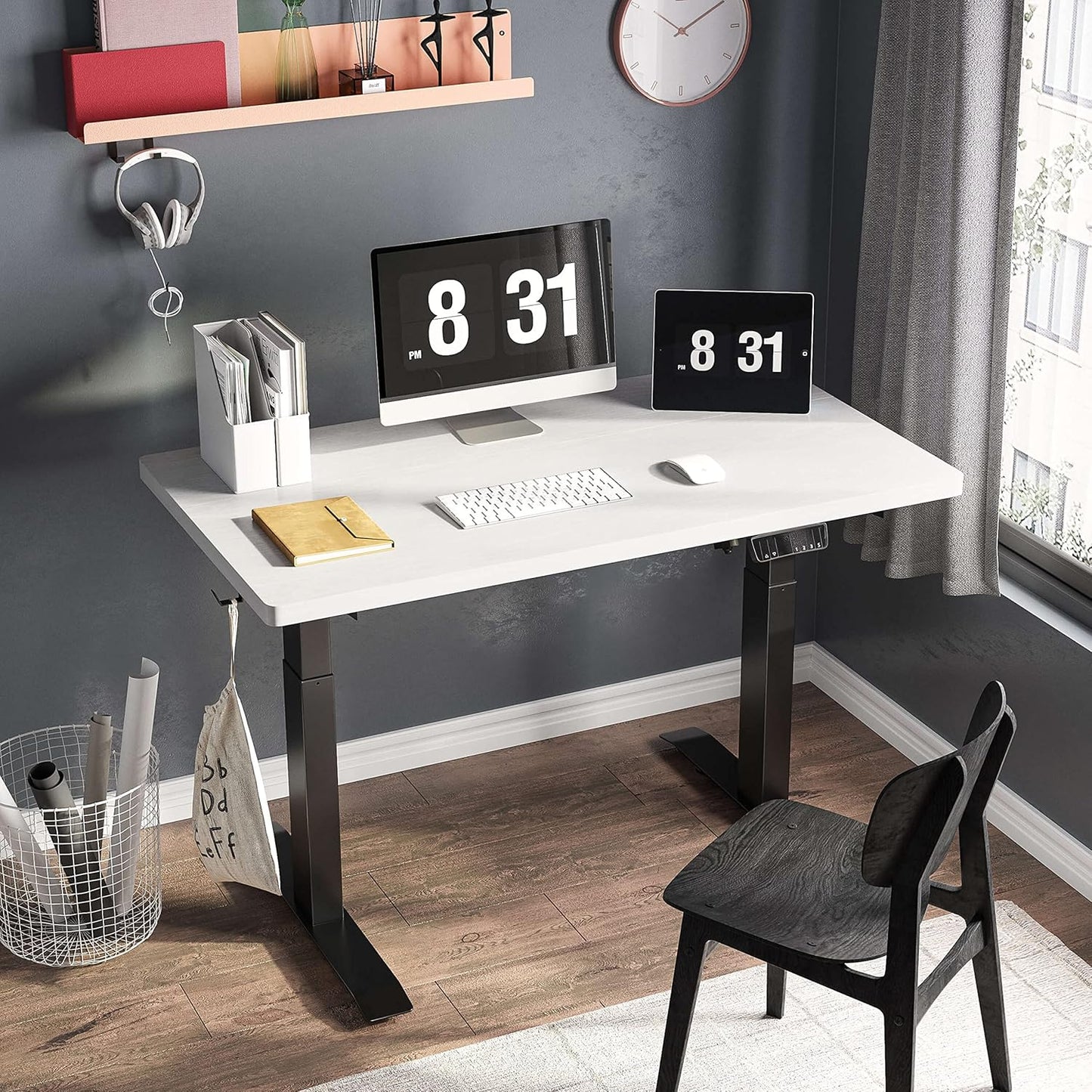 Electric Standing Desk Adjustable Height Desk, 40 X 24 Inches Stand up Desk, Ergonomic Design Home Office Desk, Sit Stand Desk with Splice Board/Black Frame/White Top