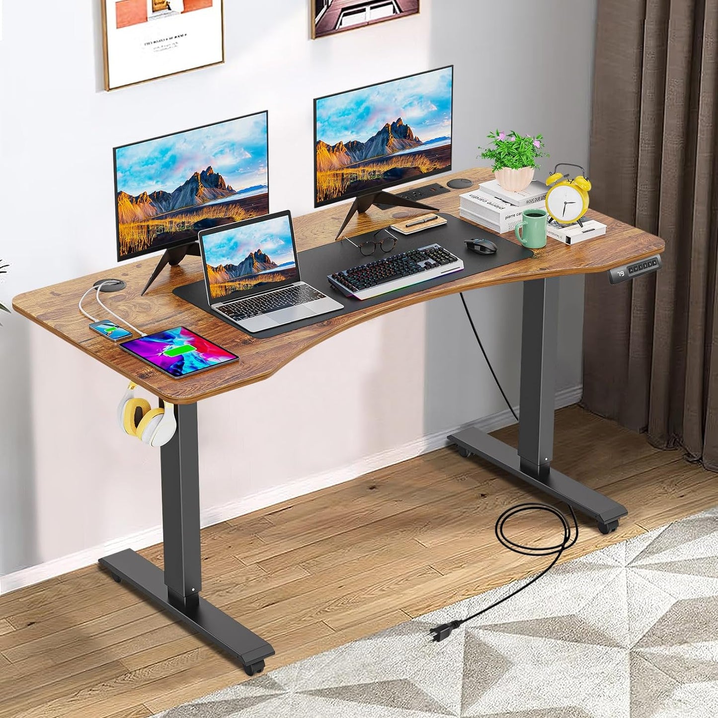 55 X 24 Inch Standing Desk Electric Adjustable Height with Charging Station, Stand up Desk with Oversized Mouse Pad, Ergonomic Curved Workstation, 4 Caster, 4 Preset Heights Easy to Set(Brown