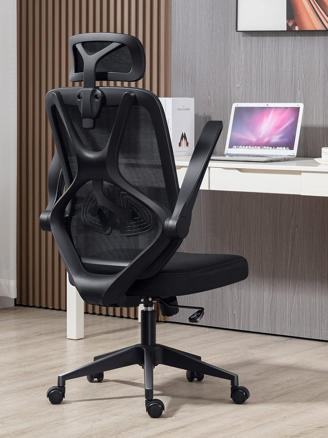 Home Office Chair Ergonomic Desk Chair High Back Flip-Up Arms Reclining Computer Chair with Adjustable Lumbar Support/Headrest Rocking Function Breathable High Elasticity Mesh, Black