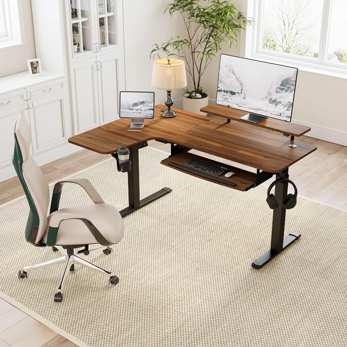 Standing Desk Electric Adjustable Height (61"X43") Computer Desk with Keyboard Tray, Sit Stand Desk L Shaped Desk for Work/Home Office,Dual Motor,Memory Presets,2 Usb/Rgb,Walnut/Left