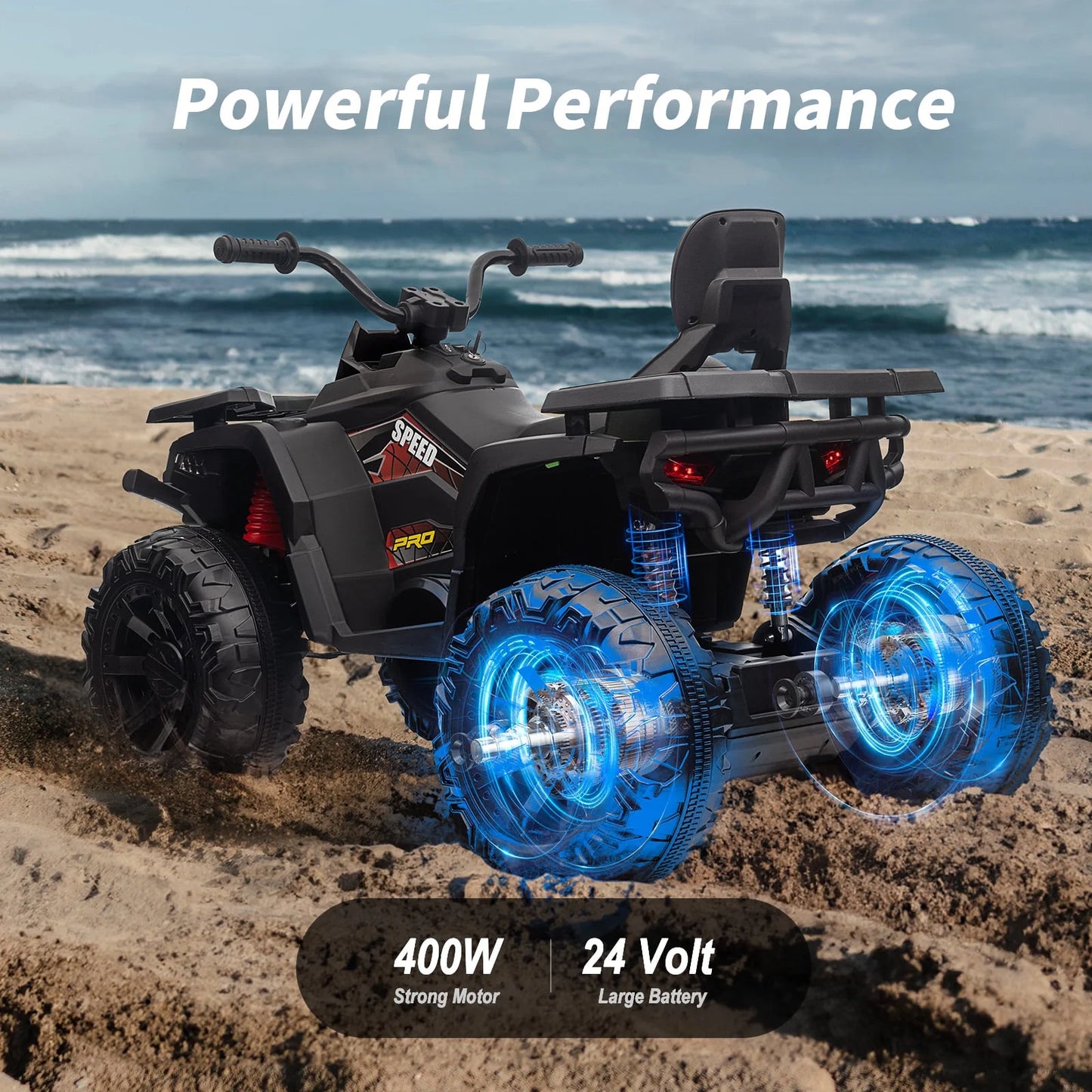 24V Ride on Toys, Kids ATV 4-Wheeler for Big Kids with 2 Seater, 400W Motor, Bluetooth - Black