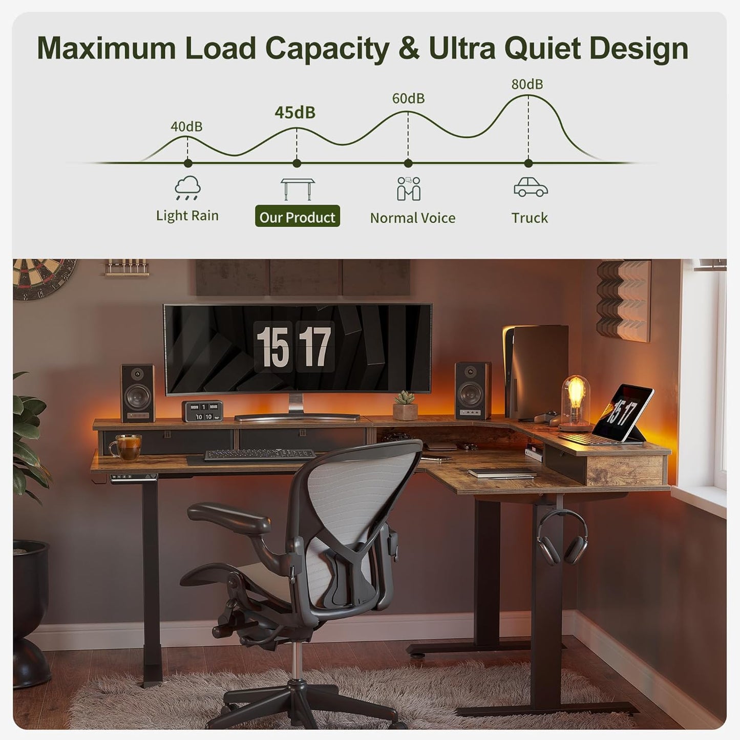 Triple Motor 63" L-Shape Standing Desk with 3 Drawers, Height Adjustable Electric Standing Game Table, Corner Standing Table, Home Office Standing Table, Rustic Brown Top
