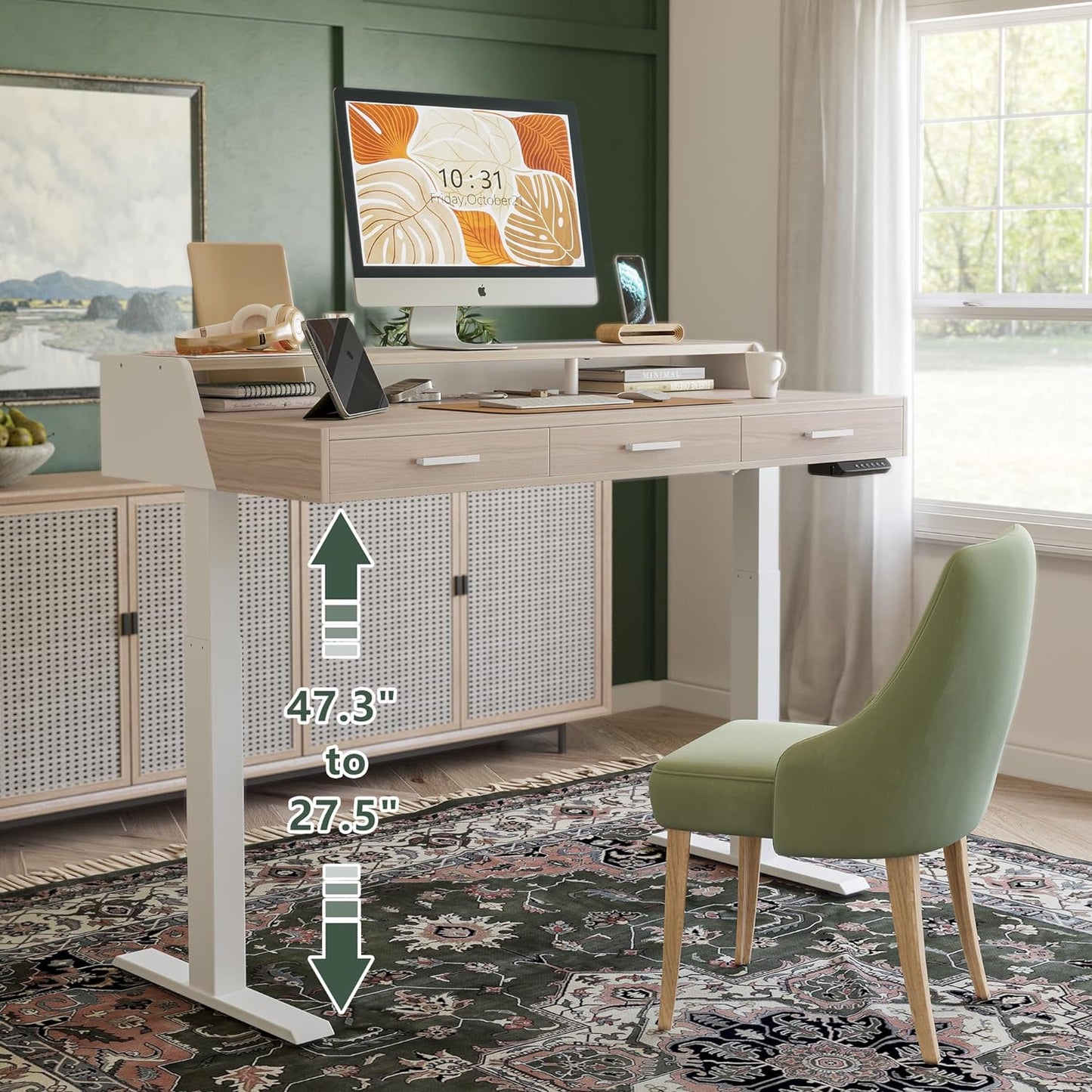 Electric Standing Desk with Drawers, 48X24 Inch Standing Desk Adjustable Height, Stand up Desk with Monitor Shelf, Sit Stand Home Office Desk, Light Walnut
