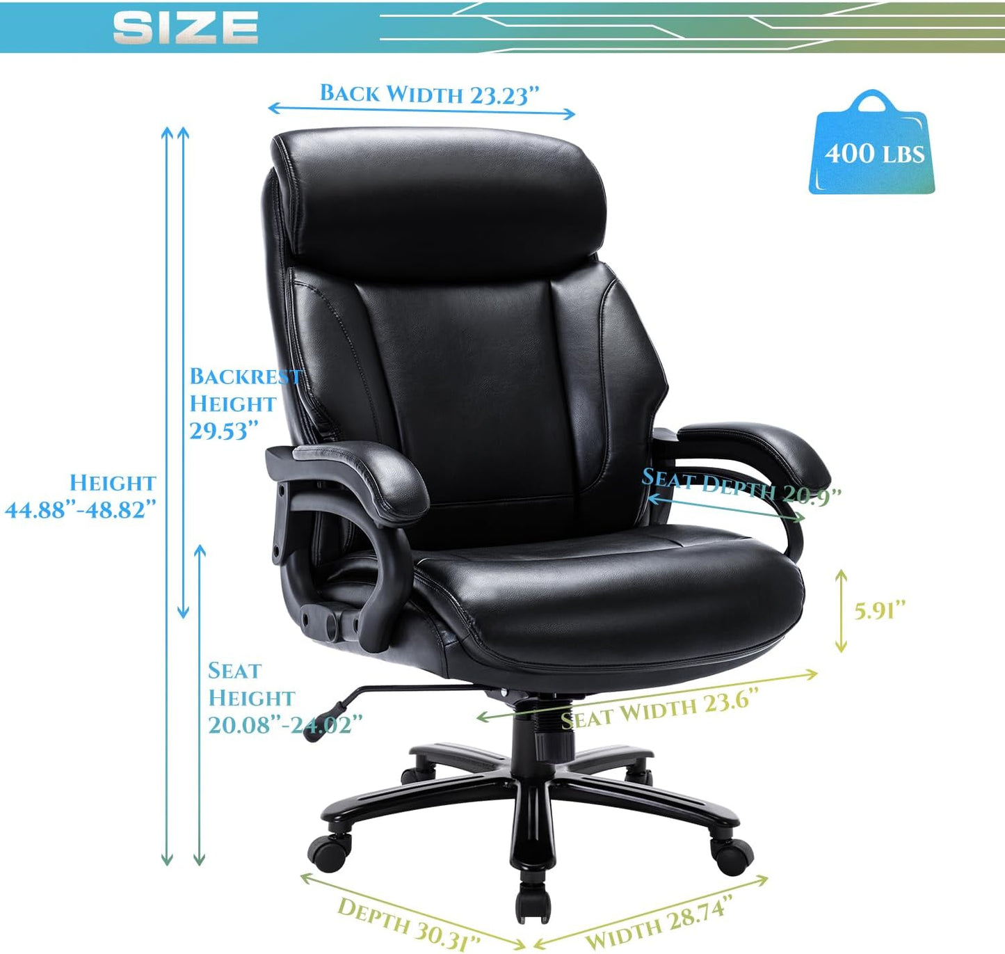 Big and Tall Office Chair 400Lbs-Heavy Duty Executive Desk Chair with Extra Wide Seat, High Back Ergonomic Leather Computer Chair with Tilt Rock&Tension, Padded Armrests-Black