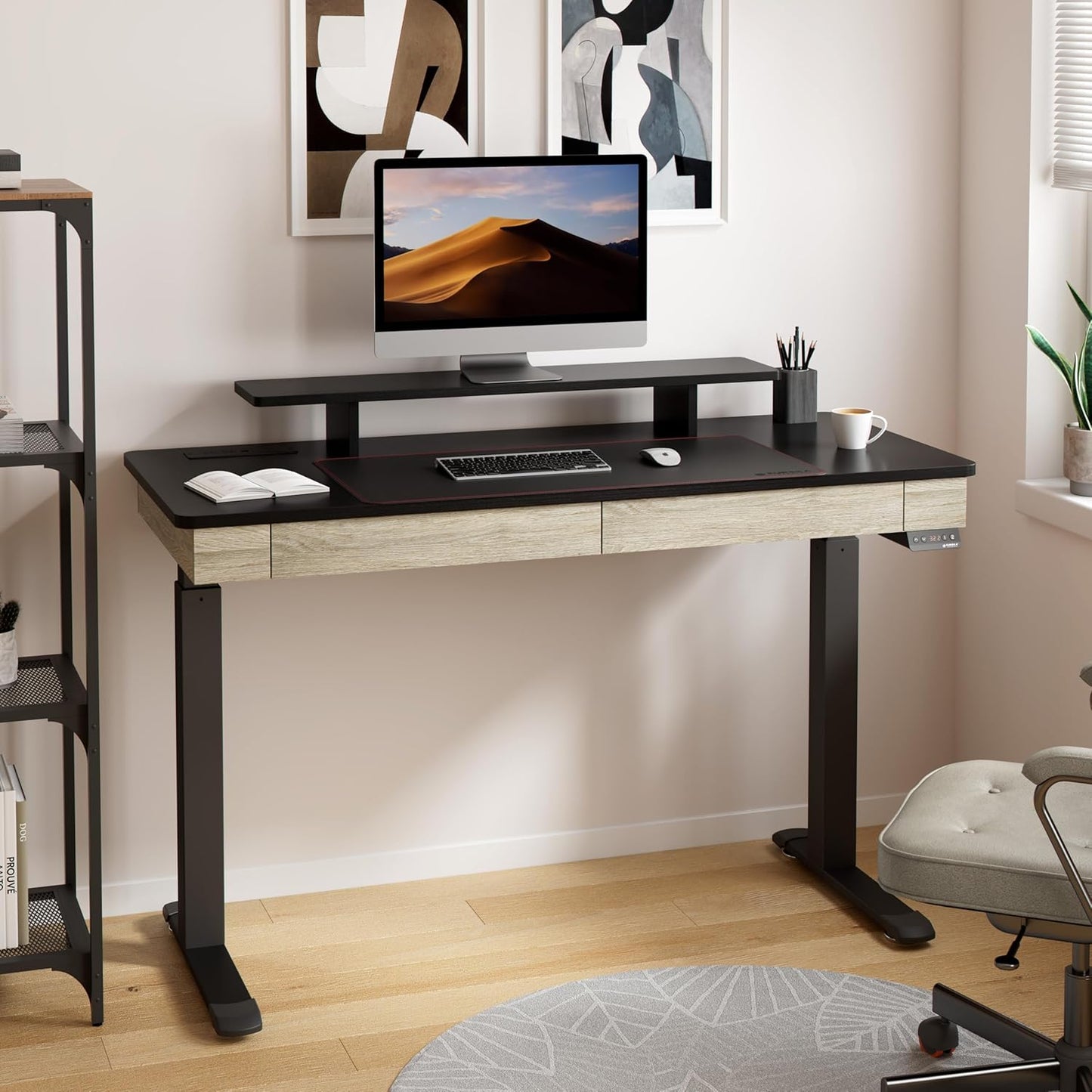 Electric Standing Desk with Drawers, 55 Inch Dual Motor Height Adjustable Stand up Desk for Home Office with Built-In Outlet, Wireless Charger, USB Port, Oak Grey