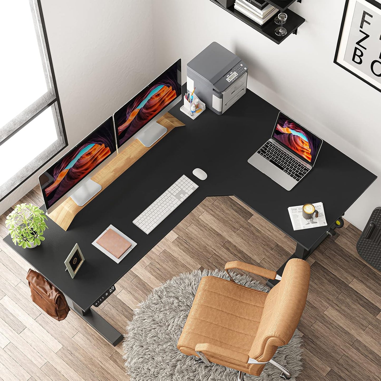 Triple Motor L-Shaped Electric Standing Desk, 63 Inches Height Adjustable Stand up Corner Desk, Sit Stand Workstation with Splice Board, Black Top/Black Frame