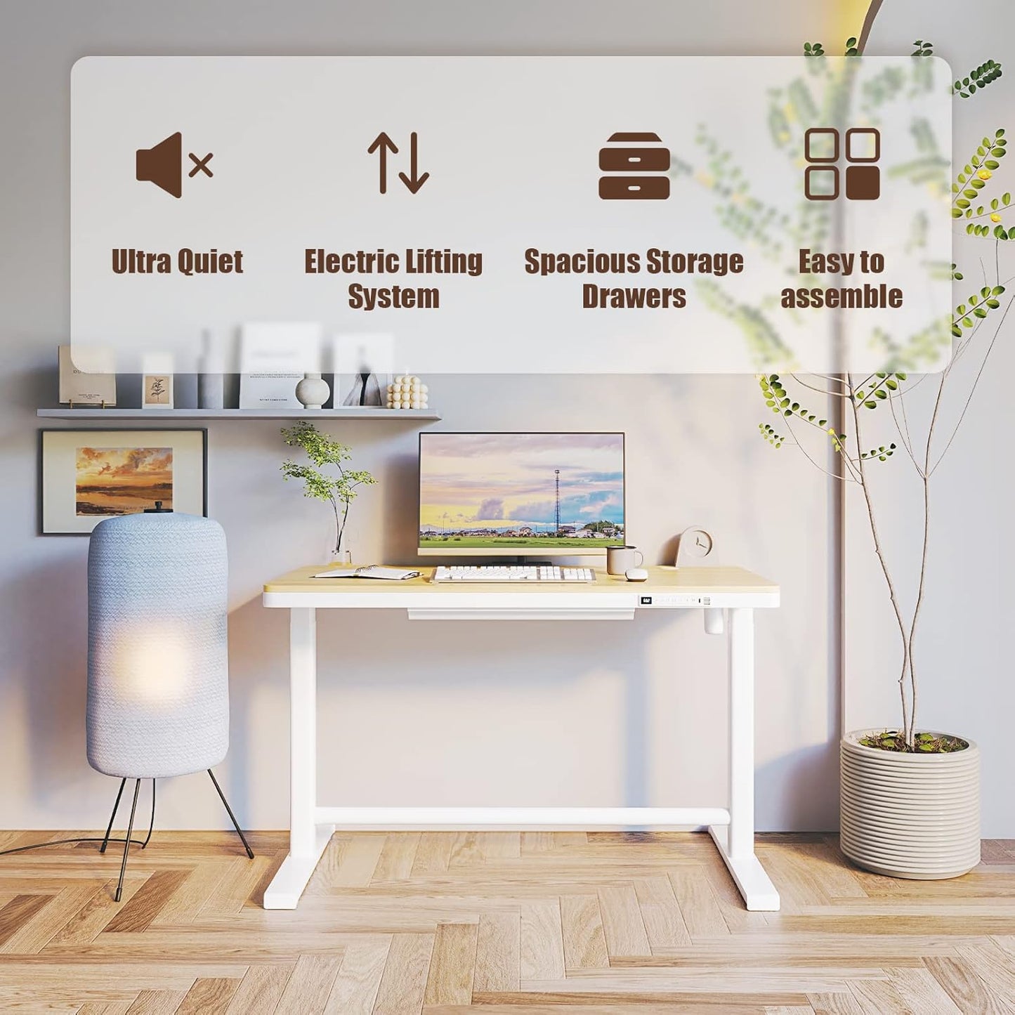 Electric Standing Desk with Drawers, Height Adjustable Sit Stand Desk with Drawer, Home Office Desk Storage & USB Ports, 45 X 23 Inch Maple Desktop/White Frame