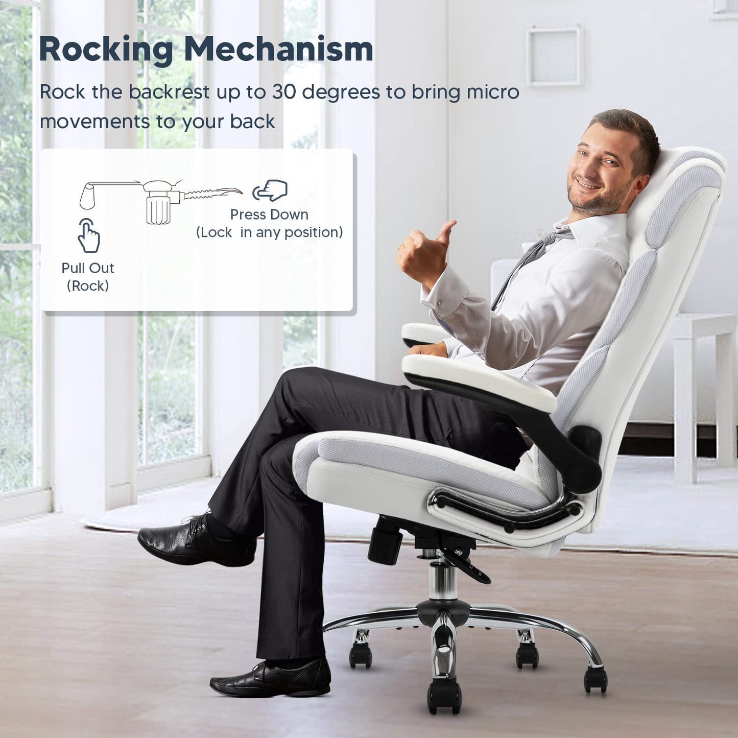 Ergonomic Executive Office Chair High Back PU Leather Computer Desk Chairs with Wheels and Flip-Up Arms, Adjustable Headrest, Tilt and Lumbar Support, White