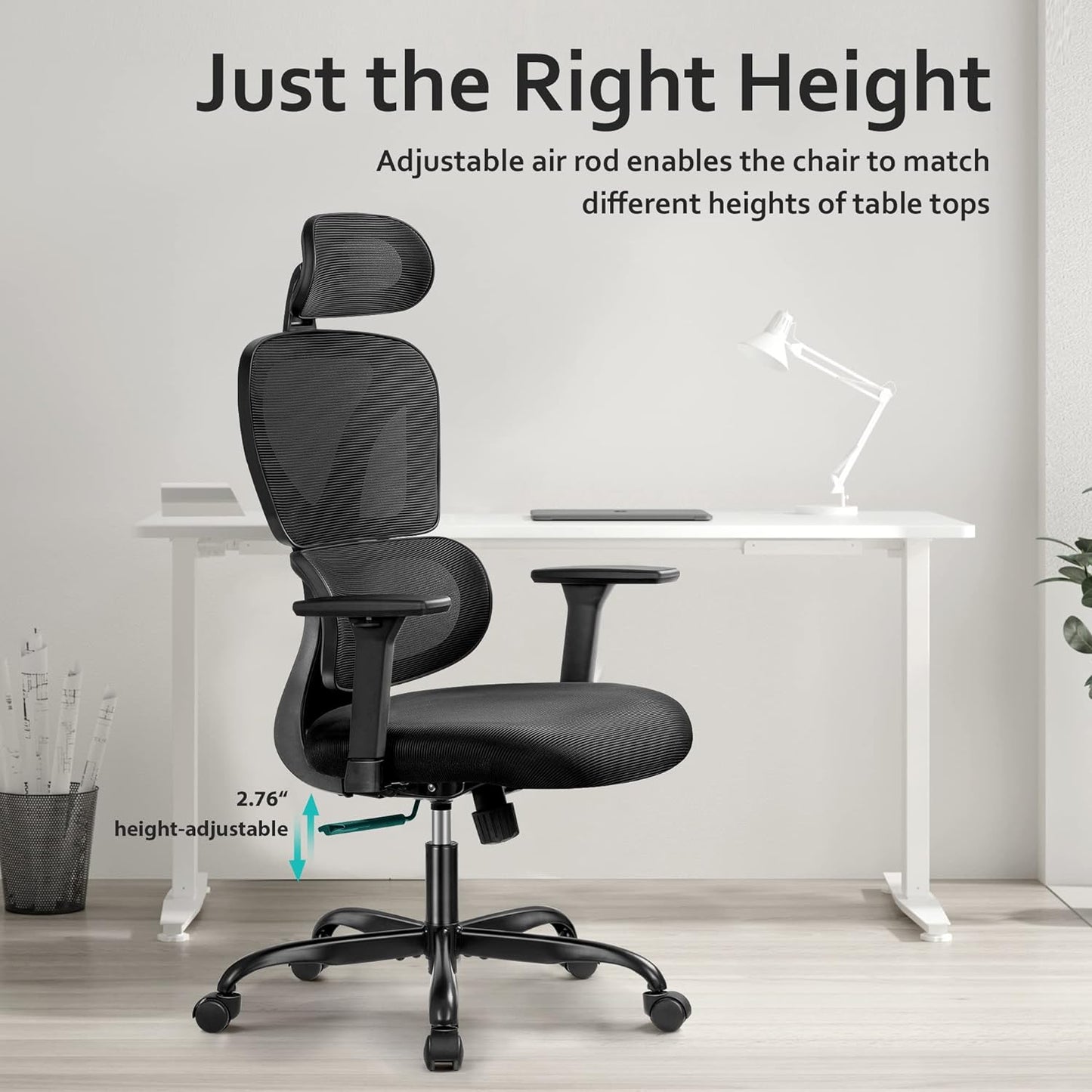 Ergonomic Office Chair, Home Desk Chair, Comfy Breathable Mesh Task High Back Thick Cushion Computer Chair with Headrest and 3D Armrests, Adjustable Height Home Gaming Chair (Black)