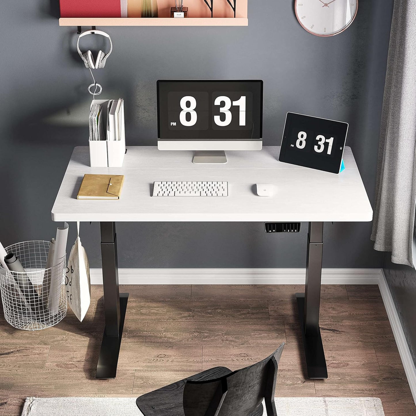 Electric Standing Desk Adjustable Height Desk, 40 X 24 Inches Stand up Desk, Ergonomic Design Home Office Desk, Sit Stand Desk with Splice Board/Black Frame/White Top