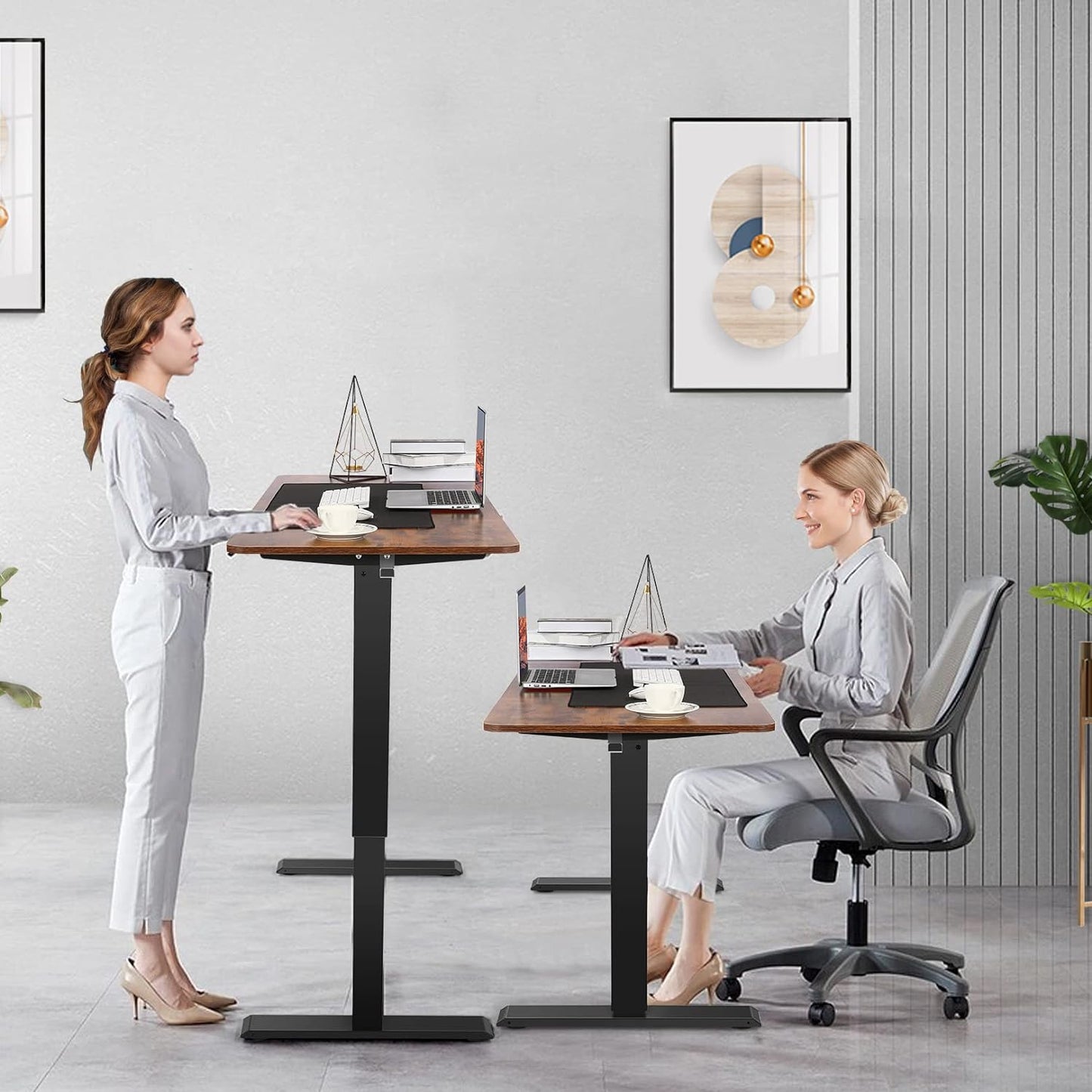 55 X 24 Inch Standing Desk Electric Adjustable Height with Charging Station, Stand up Desk with Oversized Mouse Pad, Ergonomic Curved Workstation, 4 Caster, 4 Preset Heights Easy to Set(Brown