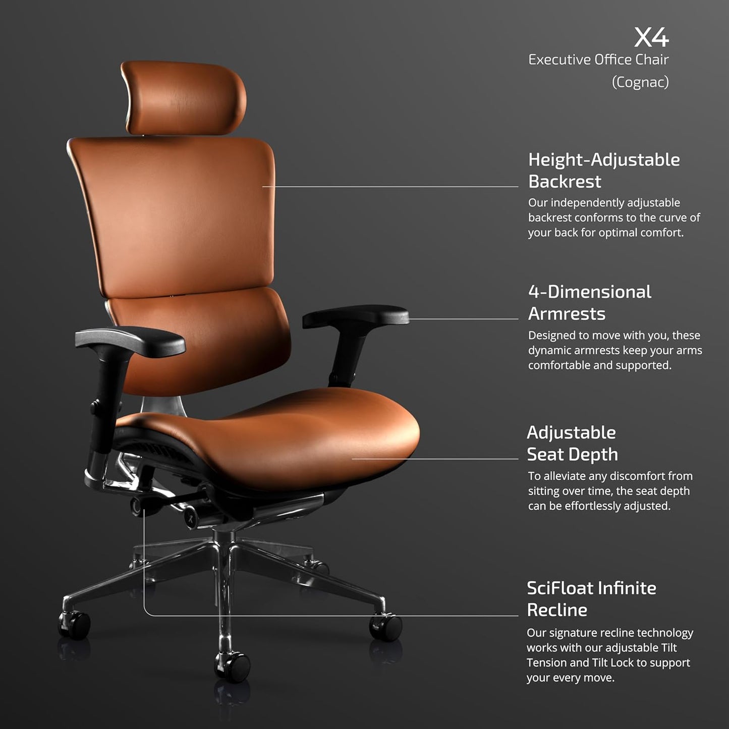 X4 High End Executive Chair, Cognac Leather with Headrest - Ergonomic Office Seat/Dynamic Variable Lumbar Support/Floating Recline/Stunning Aesthetic/Adjustable/Perfect for Office or Boardroom