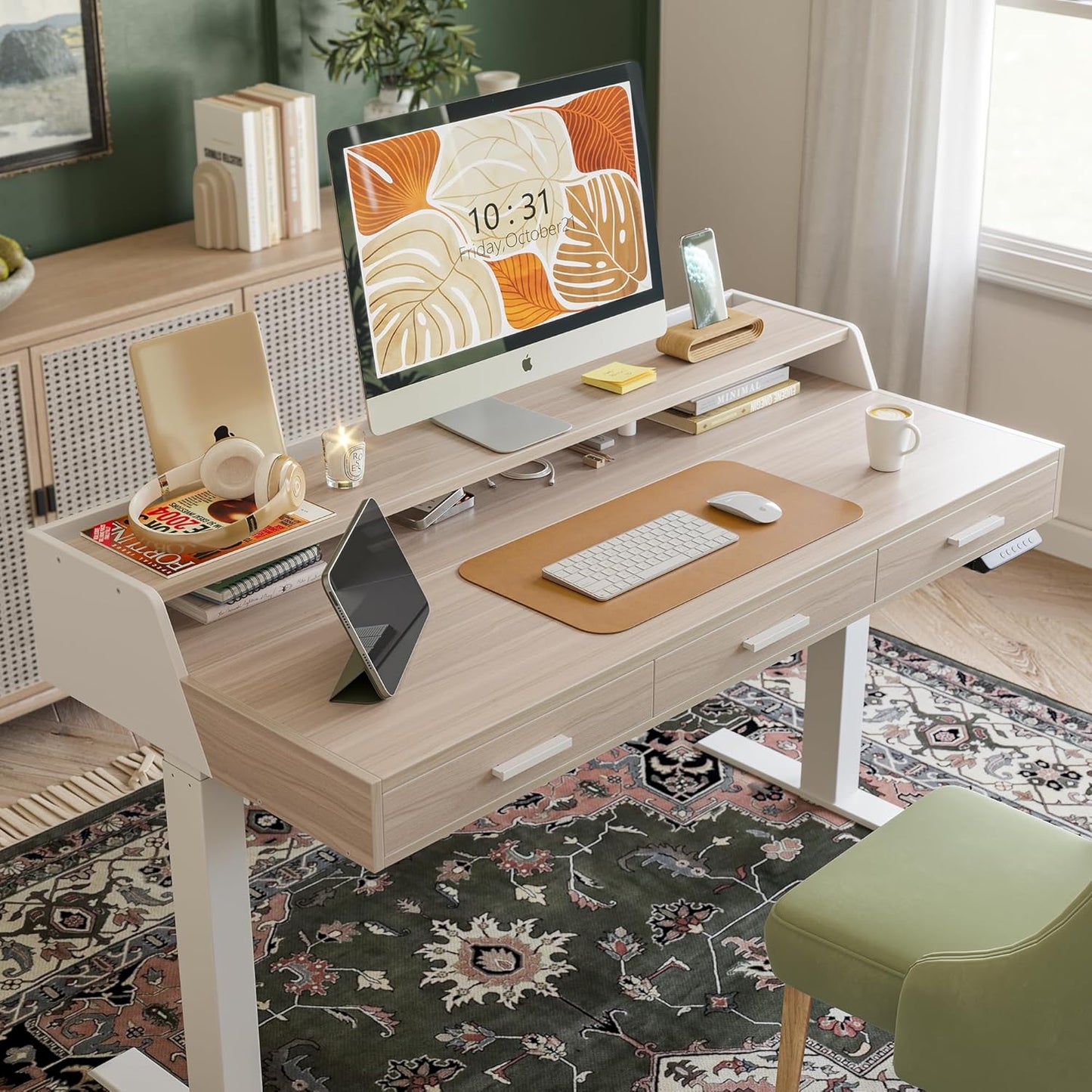 Electric Standing Desk with Drawers, 48X24 Inch Standing Desk Adjustable Height, Stand up Desk with Monitor Shelf, Sit Stand Home Office Desk, Light Walnut
