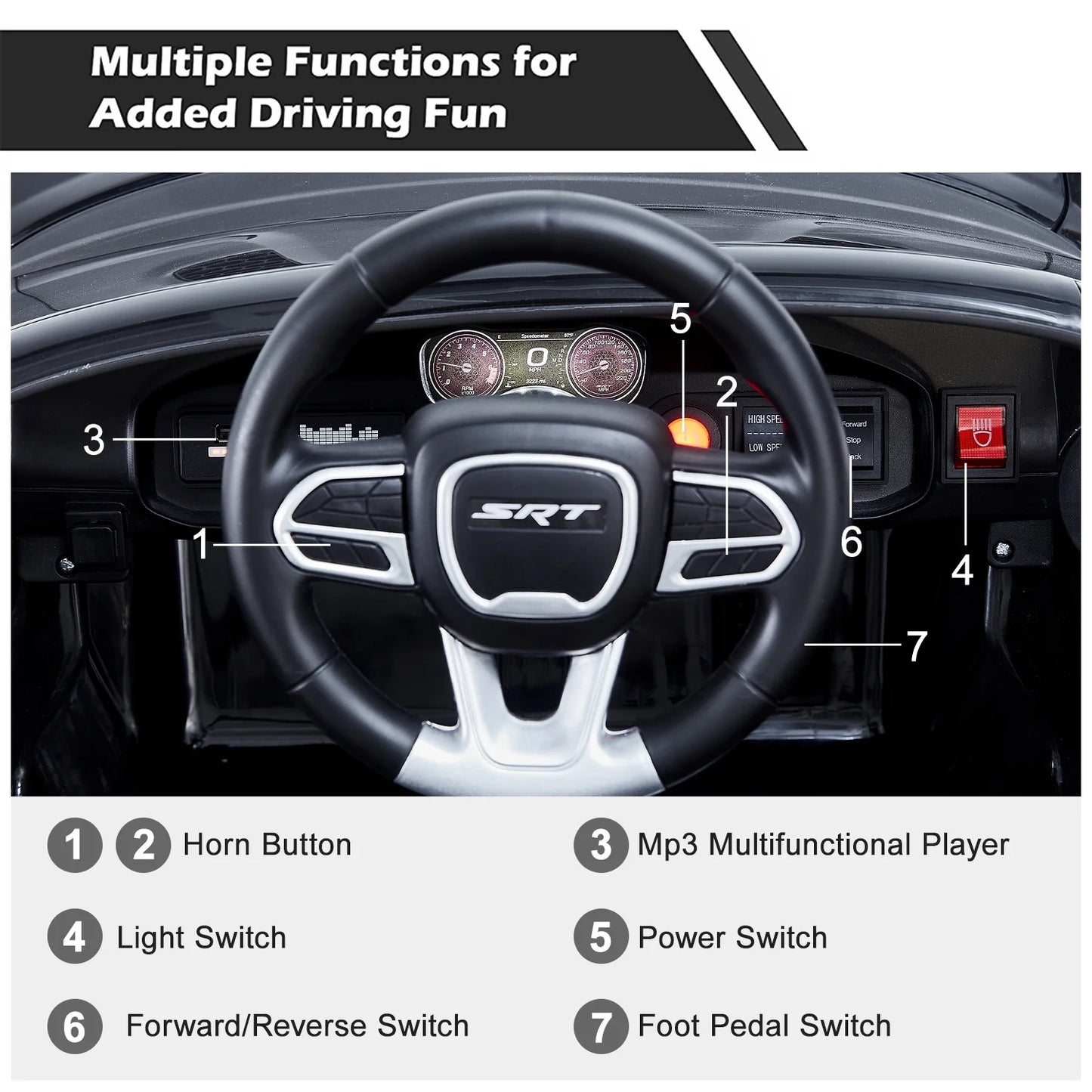 Black 12 V Dodge Charger SRT Hellcat Battery Powered Ride on Cars with Remote Control, Bluetooth, LED Light and MP3 Player