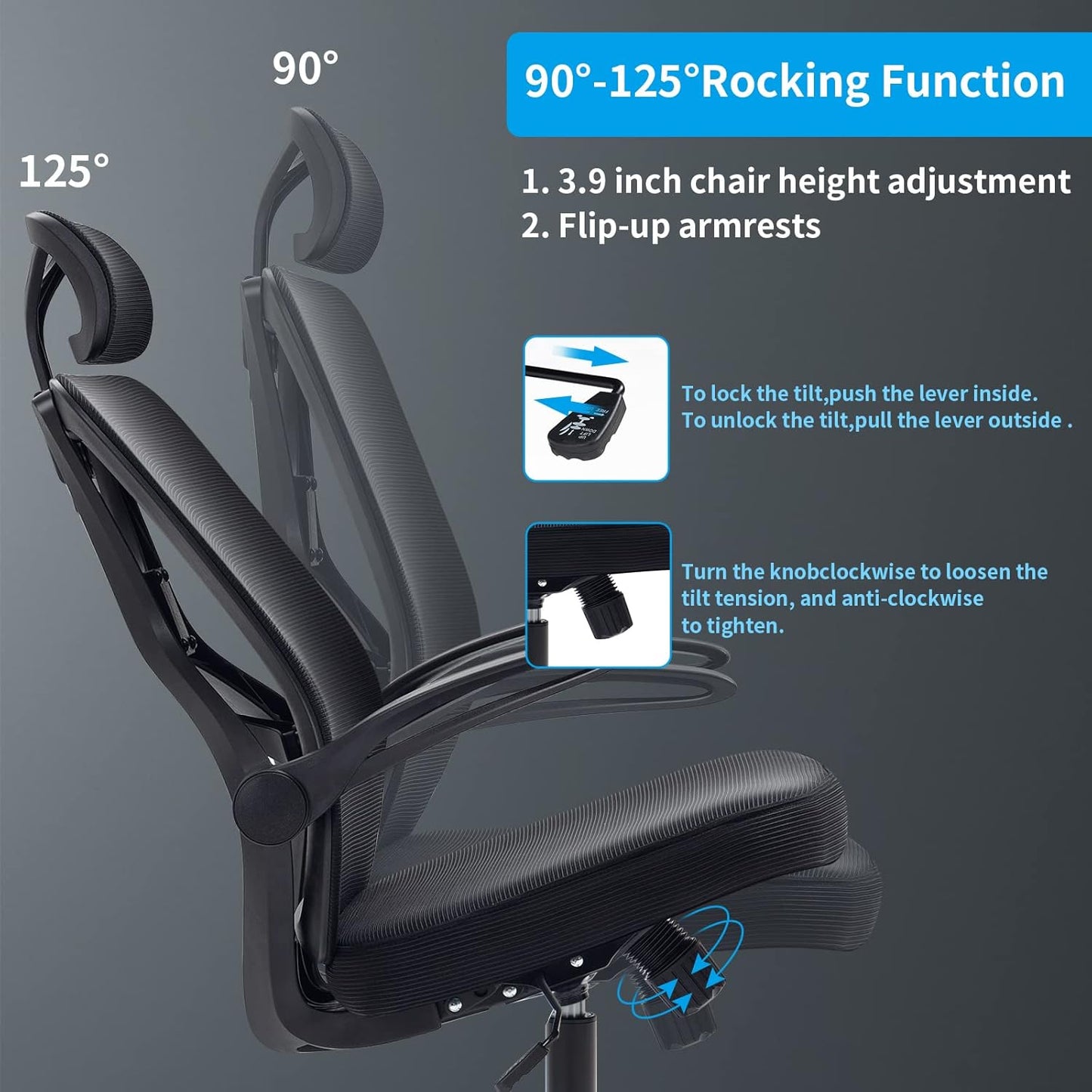 Home Office Chair Ergonomic Desk Chair High Back Flip-Up Arms Reclining Computer Chair with Adjustable Lumbar Support/Headrest Rocking Function Breathable High Elasticity Mesh, Black