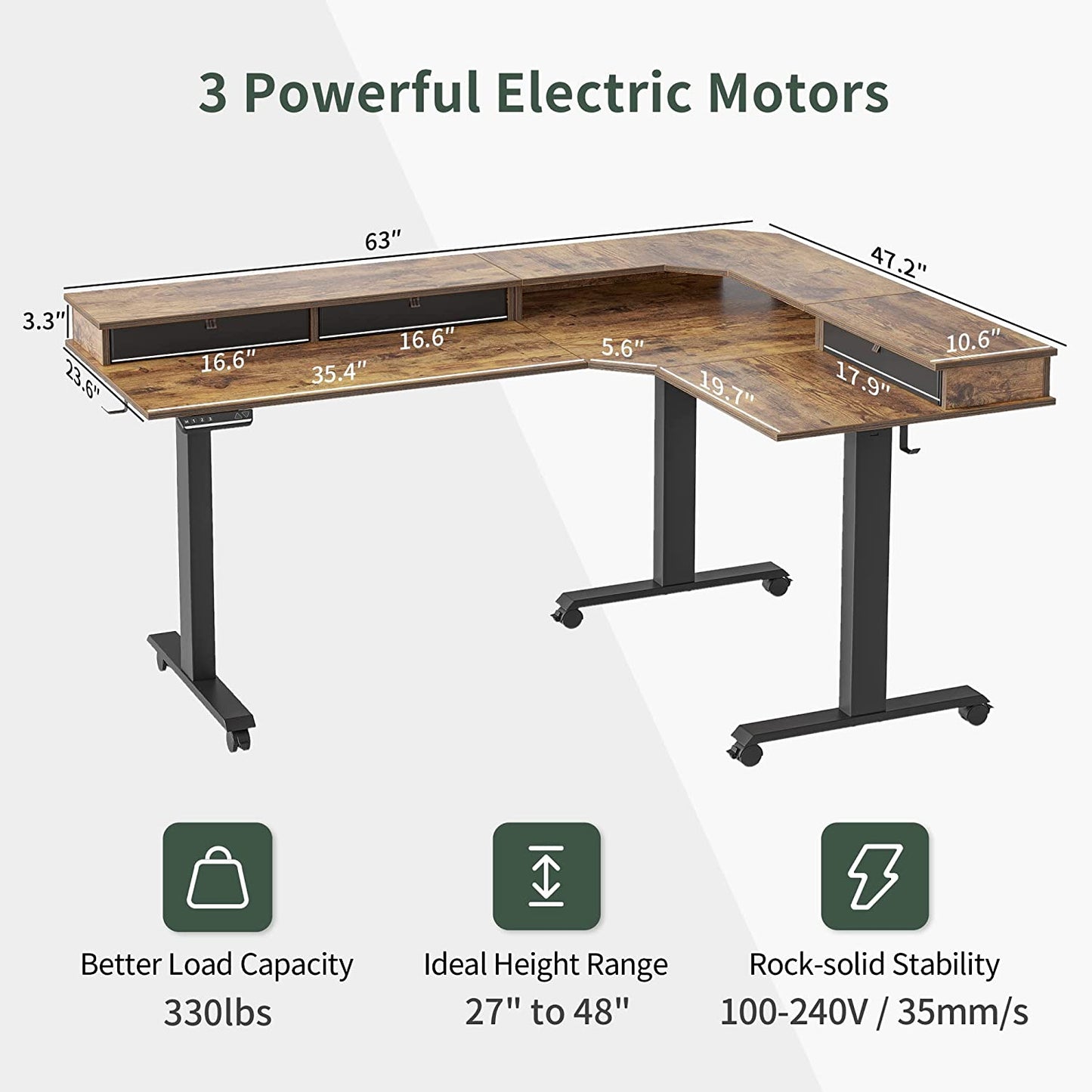Triple Motor 63" L-Shape Standing Desk with 3 Drawers, Height Adjustable Electric Standing Game Table, Corner Standing Table, Home Office Standing Table, Rustic Brown Top
