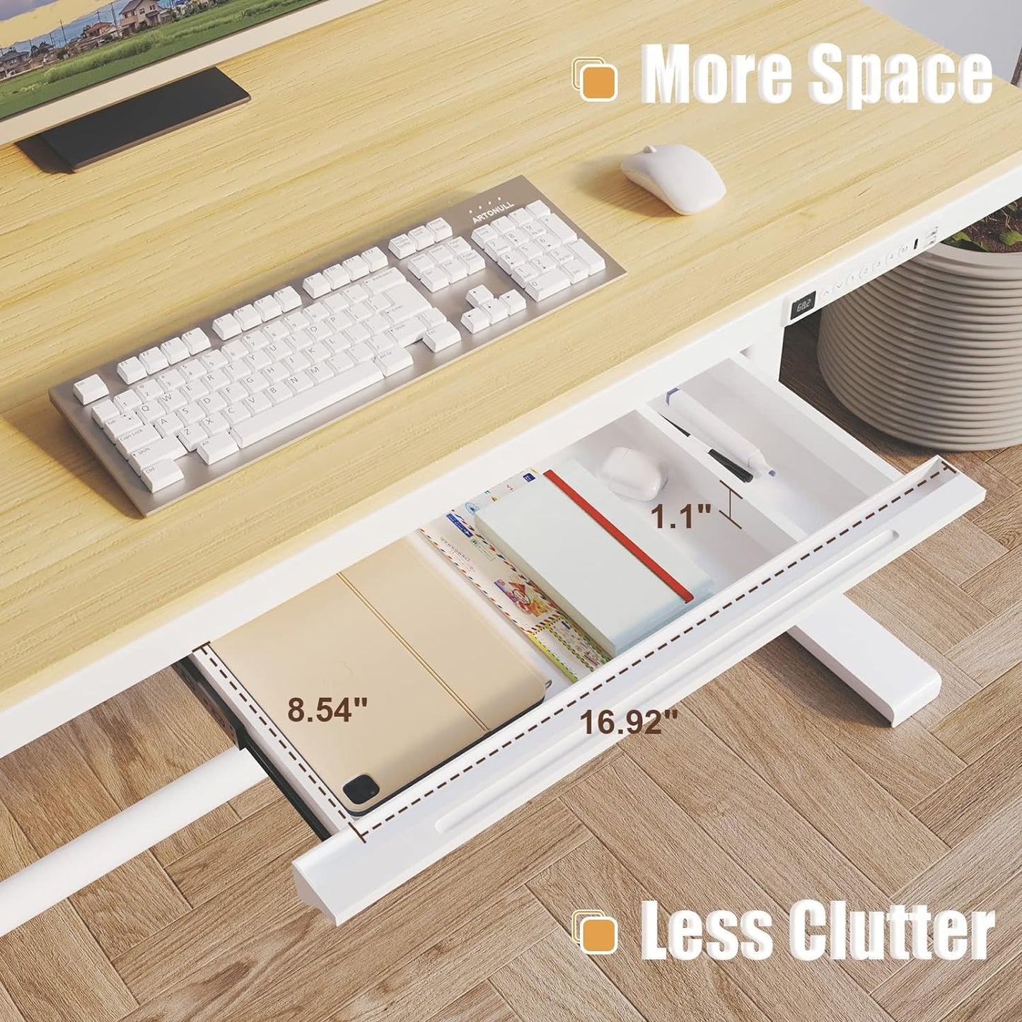 Electric Standing Desk with Drawers, Height Adjustable Sit Stand Desk with Drawer, Home Office Desk Storage & USB Ports, 45 X 23 Inch Maple Desktop/White Frame