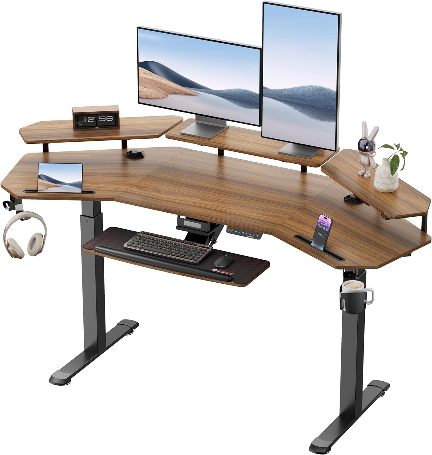 Standing Desk Electric Adjustable Height Desk, Computer Desk W Keyboard Tray 72" Gaming Desk Music Studio Desk Sit Stand up Desk LED Monitor Stand,Dual Motor,Slot Design,Walnut