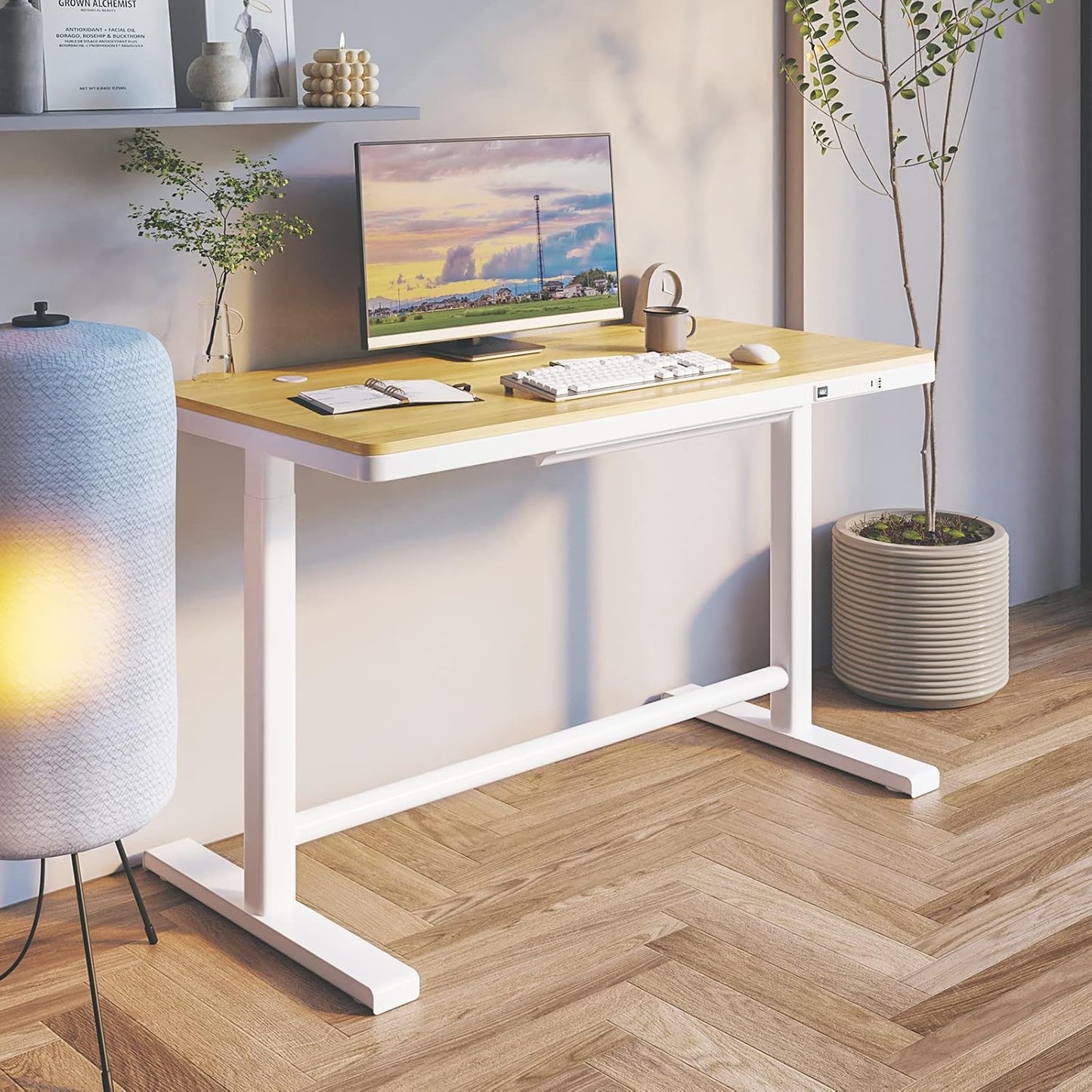 Electric Standing Desk with Drawers, Height Adjustable Sit Stand Desk with Drawer, Home Office Desk Storage & USB Ports, 45 X 23 Inch Maple Desktop/White Frame