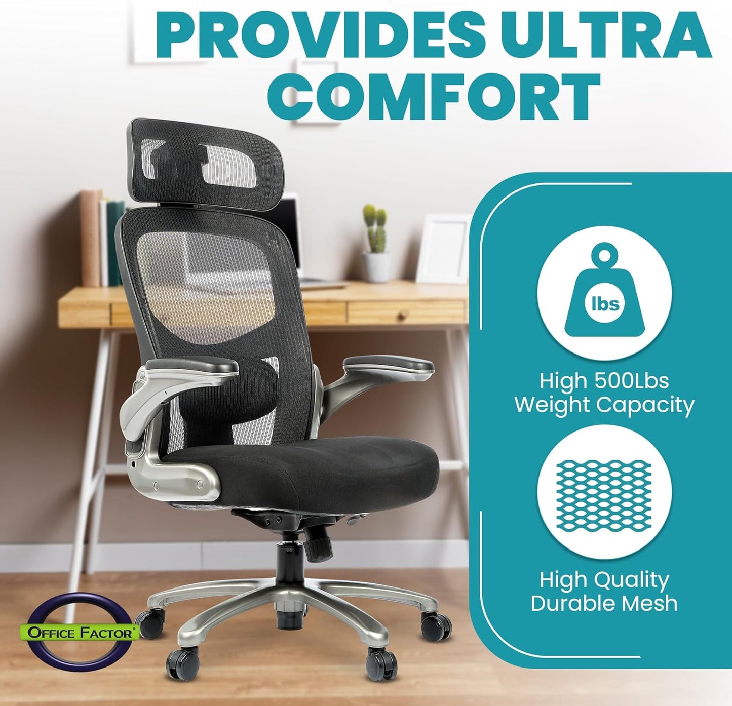 500 Lbs Rated Ergonomic Big and Tall, Flip-Up Arms, Mesh Swivel Office Chair with anti Scratch Wheels, Mesh Executive Chair (Black with Headrest)
