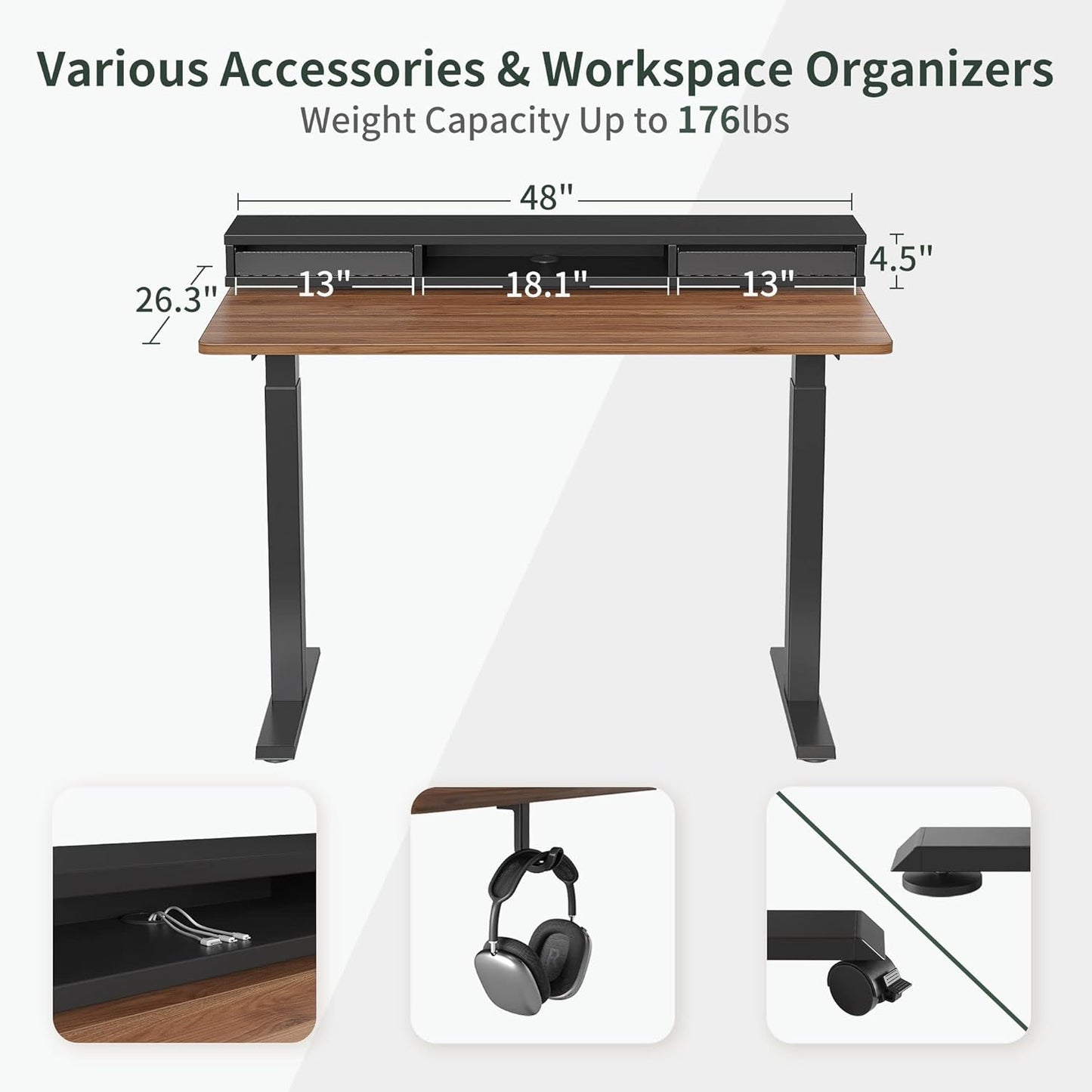 48 X 24 Inch Height Adjustable Electric Standing Desk with Double Drawers, Stand up Desk with LED Strips, Sit Stand Desk with Monitor Stand, Black Walnut