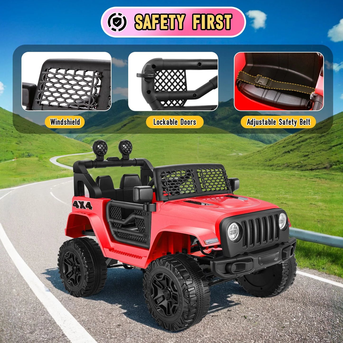 12V 7AH Kids Powered Ride on Truck Car with Parent Remote Control, Bluetooth Music, Spring Suspension, LED Lights - Red