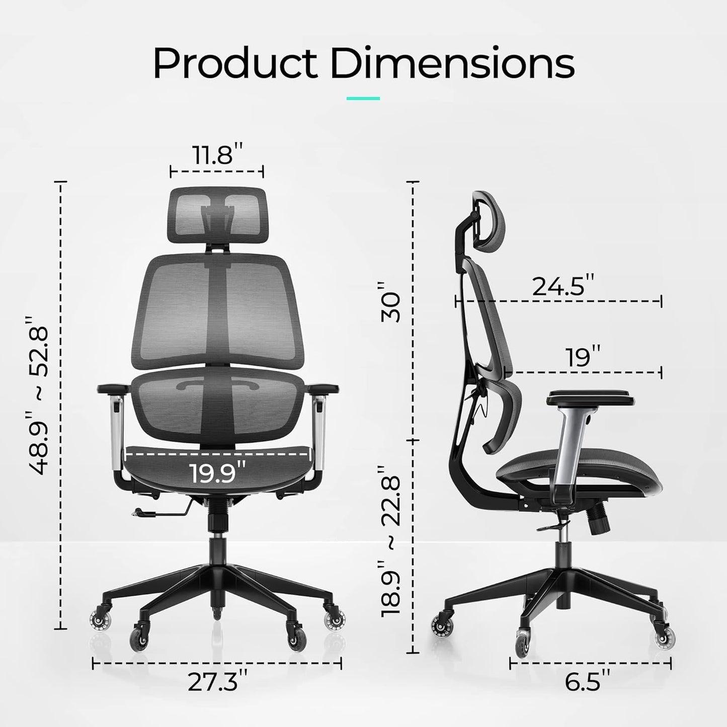 High-Back Office Chair, Swivel Ergonomic Task Chair with Adjustable Headrest and Arms, Lumbar Support and PU Wheels, Computer Mesh Chair for Home Office, Grey
