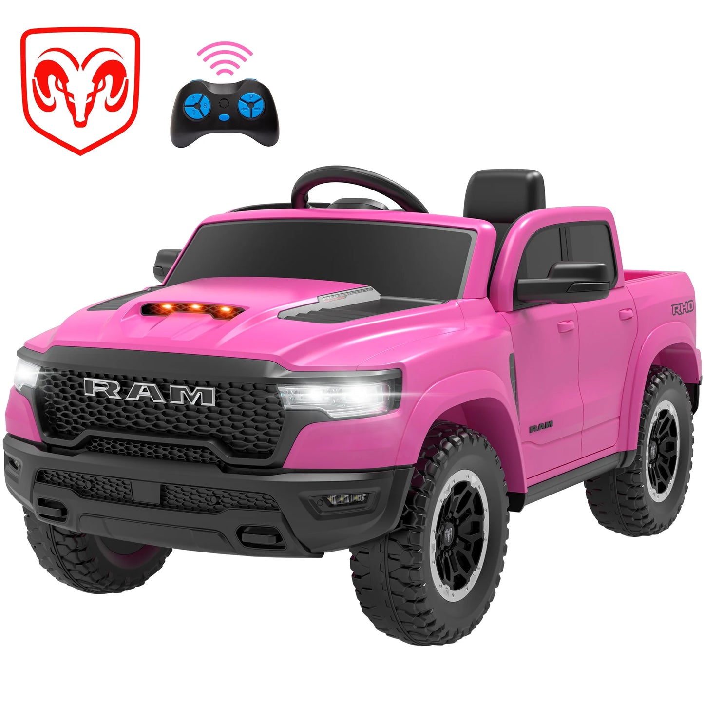 RAM Ride on Car, 12V Powered Ride on Toy with Remote Control, 4 Wheel Suspension, 5 Point Safety Belt, MP3 Player, Bluetooth, LED Lights, Electric Cars for 3-8 Years Boys Girls