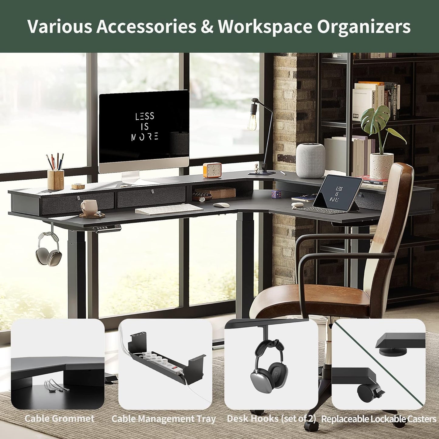 Triple Motor 63" L Shaped Standing Desk with 3 Drawers, Electric Standing Gaming Desk Adjustable Height, Corner Stand up Desk with Splice Board, Black Frame/Black Top